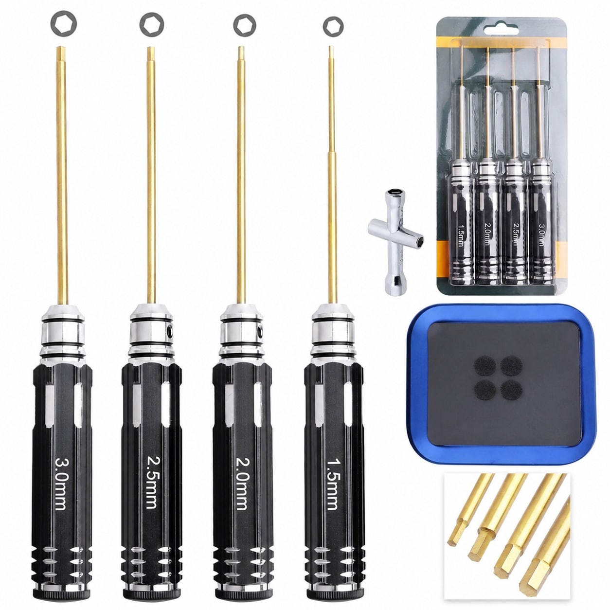 KHKFY  Hex Screwdriver Set 4 pcs Titanium RC Tool Kit with 1 Point 5mm 2mm 2 Point 5mm 3mm Drivers Cross Wrench Screw Tray for RC Car Drone Boat