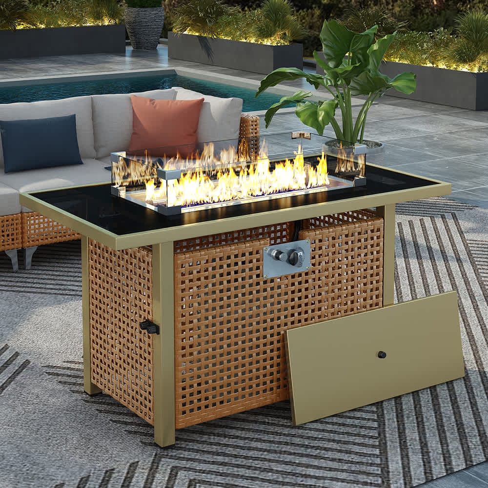 JUJABU - Yellow 43in Propane Gas Fire Pit Table 60000 BTU Rectangular with Glass Wind Guard for O...