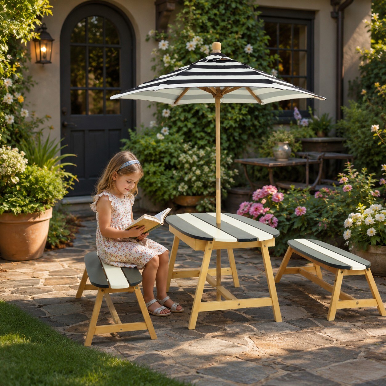 child size patio umbrella Outsunny Kids Table and Chair Set, Outdoor Folding Garden Furniture, Picnic Table for Backyard, with Removable & Height Adjustable Sun Umbrella, Brown Kids Durable Umbrellas for children Beach Camping Garden Outdoor Play Shade Little Tikes Fold 'n Store