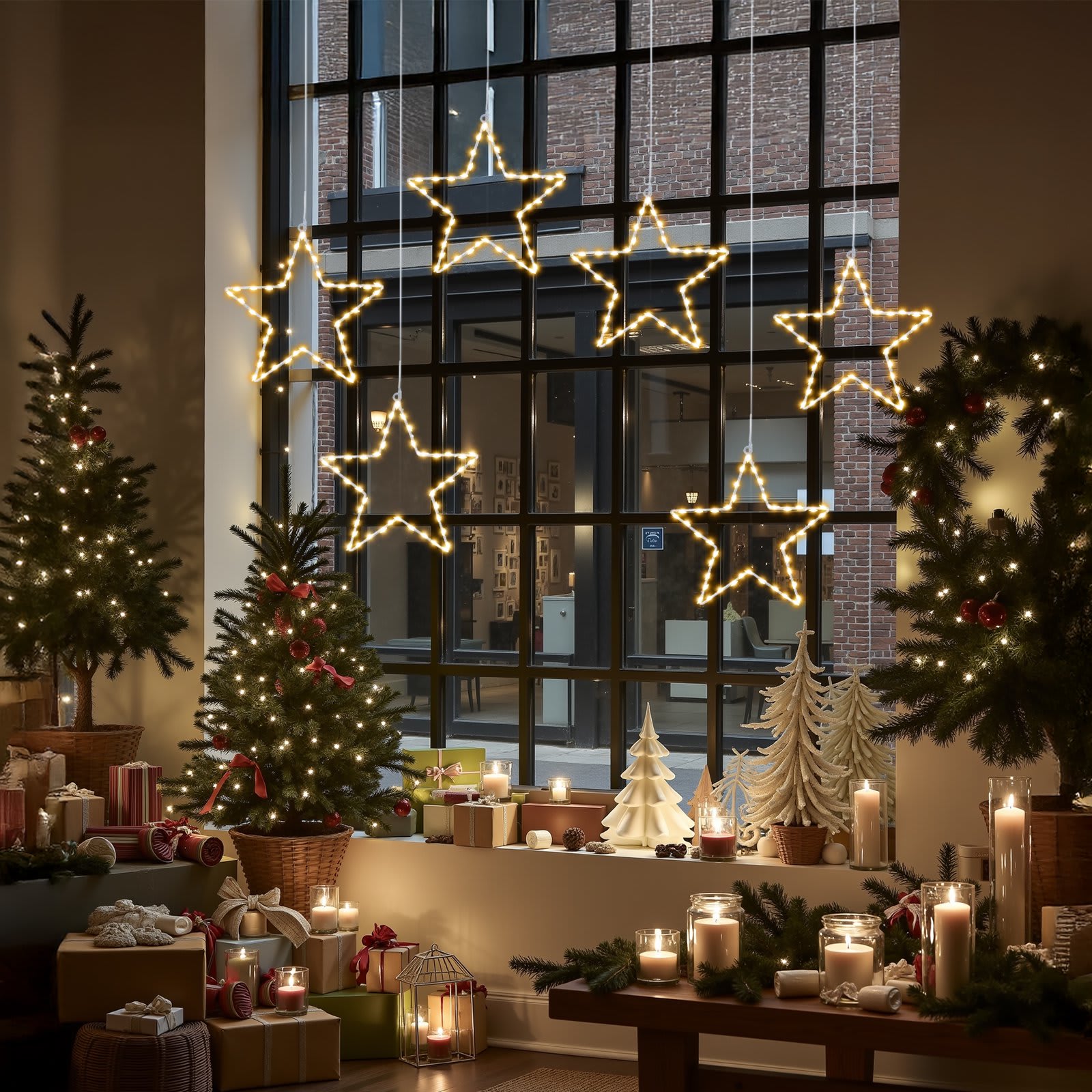 BIGHOUSE BH3003010101 6-Pack 12-Inch Hanging Starburst Christmas Lights 60 LED Battery-Operated