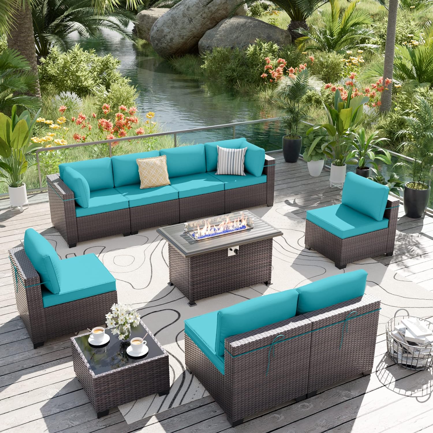 ALAULM LS-A2BC+1-BLUE 10-Piece Rattan Patio Conversation Set with Blue Cushions