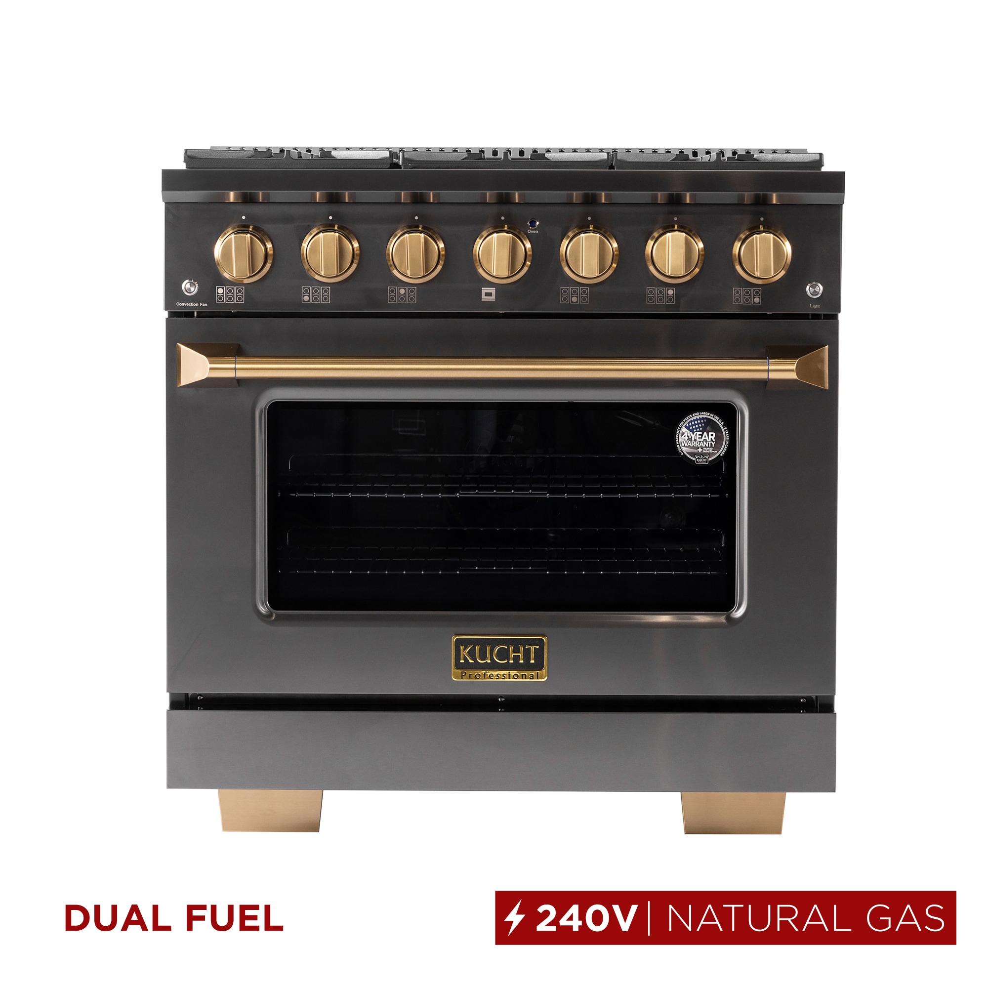Kucht Gemstone 36-in Deep recessed 6 burners Convection Oven Freestanding Dual Fuel Range ( Titanium Stainles Steel / Gold ) #KED364