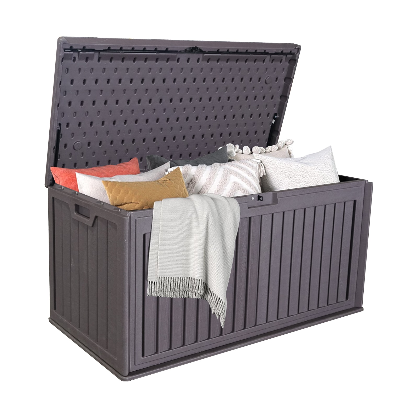 Tatayosi JL-6P211295 100 Gallon Resin Outdoor Deck Box Waterproof Plastic Patio Storage Box with Side Handles Lockable Storage Containers for Patio Furniture Cushions Pool Accessories Garden Tools Brown