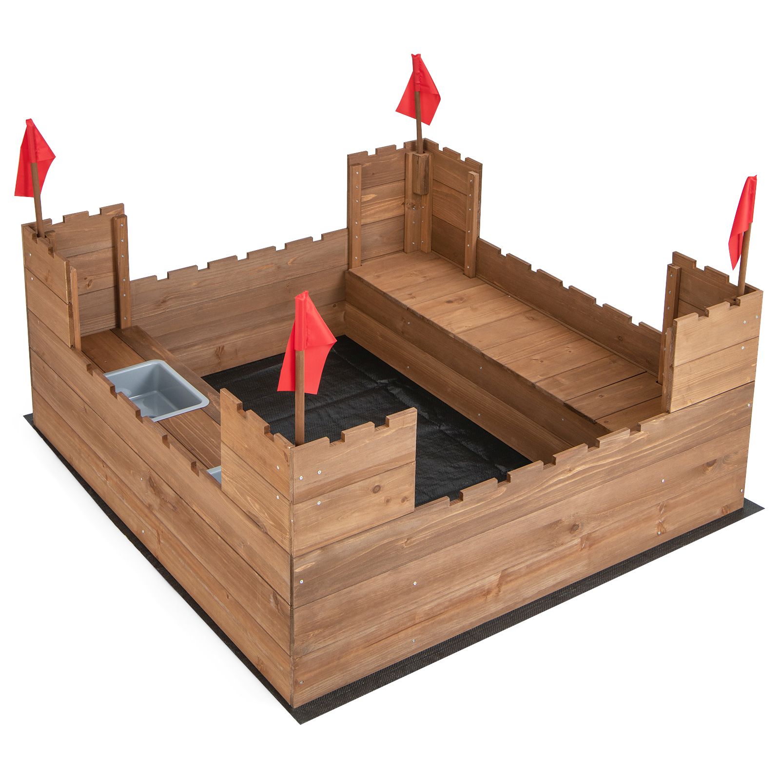 Slickblue 45.5 x 44.5 Square Cedar Sandbox with City Wall Design and Bench for Kids Brown