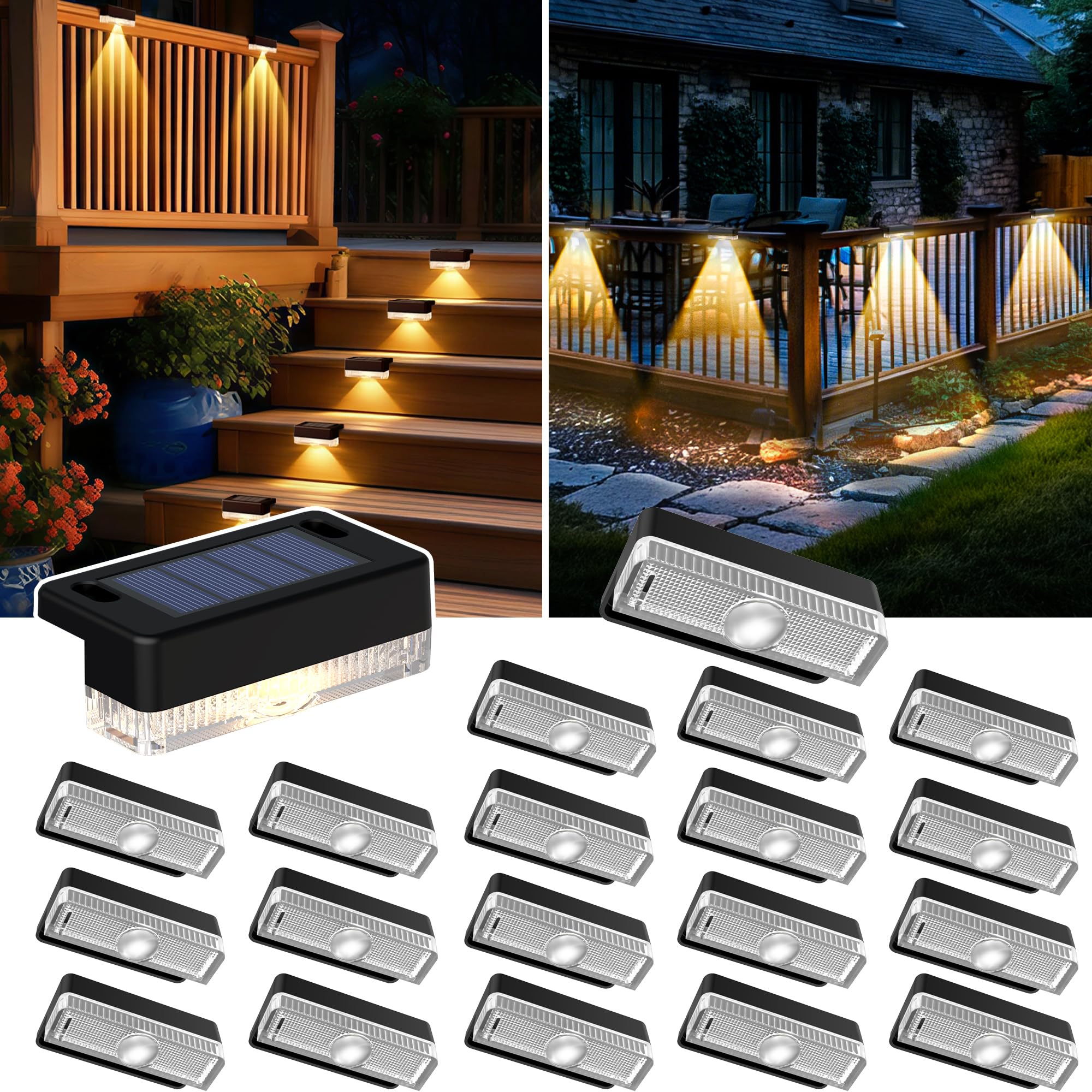 Afoxsos  Solar Deck Lights Outdoor 20 Packs Solar Powered LED Step Lights Waterproof for Deck Stairs Fence Wall Patio Yard Pool and Pathway Warm