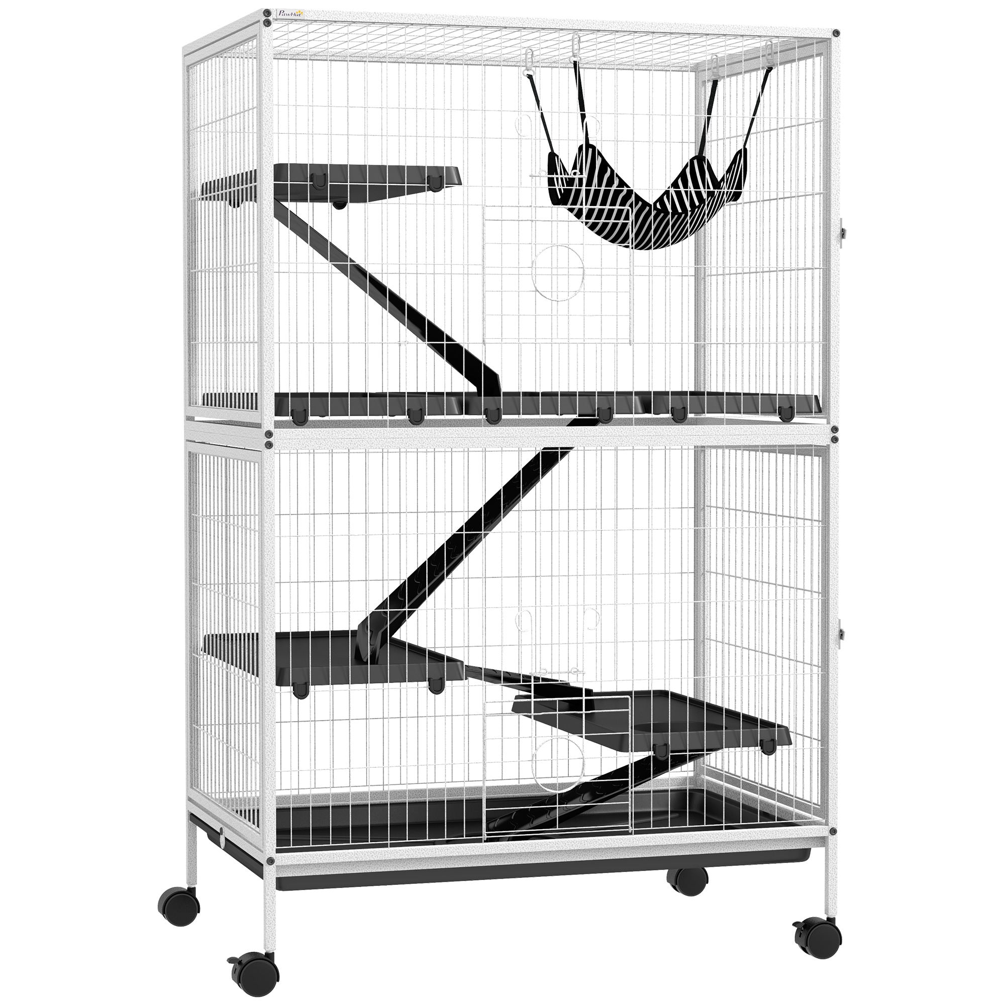 PawHut  Rolling Small Animal Cage Pet for Rabbits Chinchillas Ferret with Wheels Hammock 5 Platforms and Removable Tray White