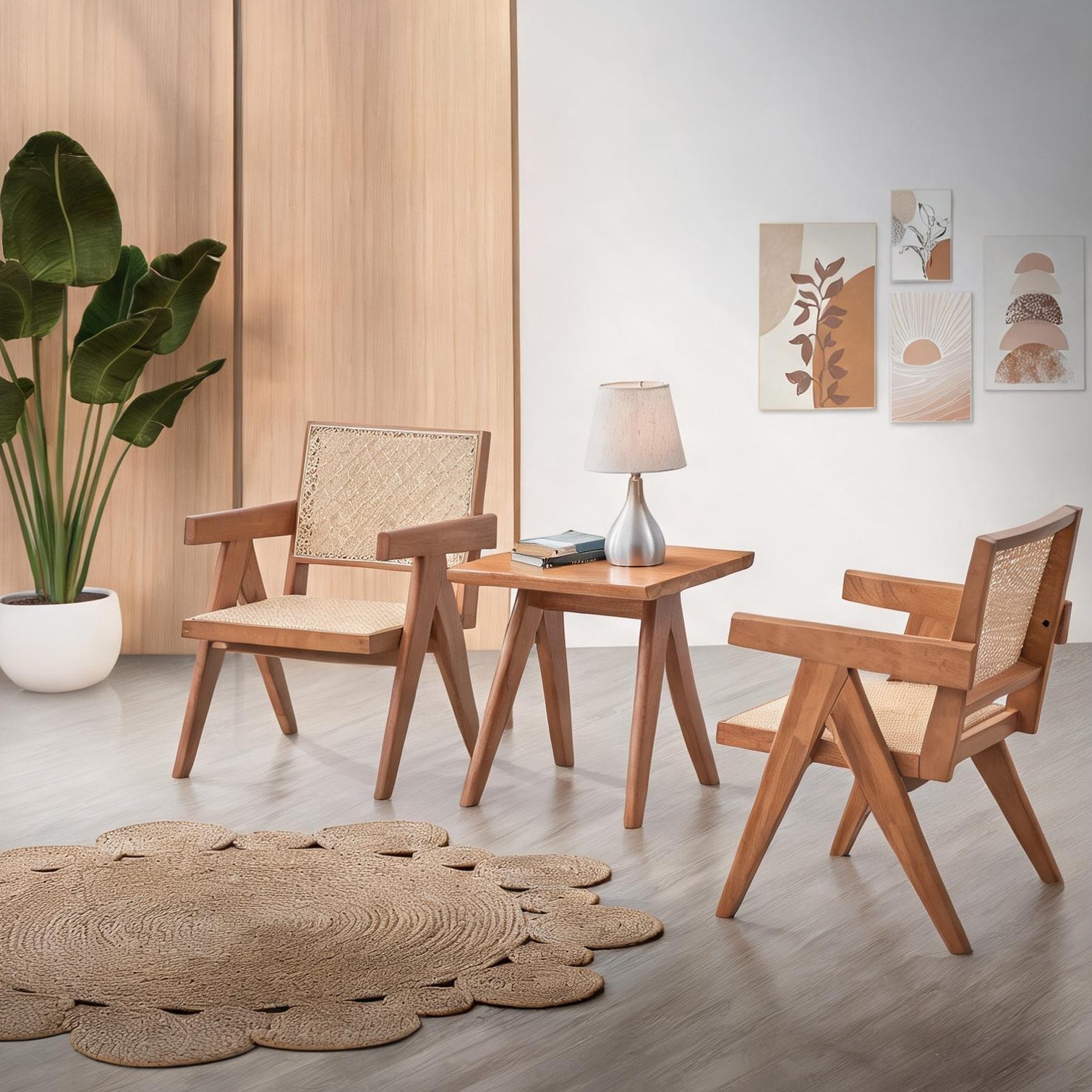 SunJet Living Room Sets - Natural Rattan and Wood 3-Piece Living Room Set with Two Accent Chairs and End Rattan Synthetic Wood