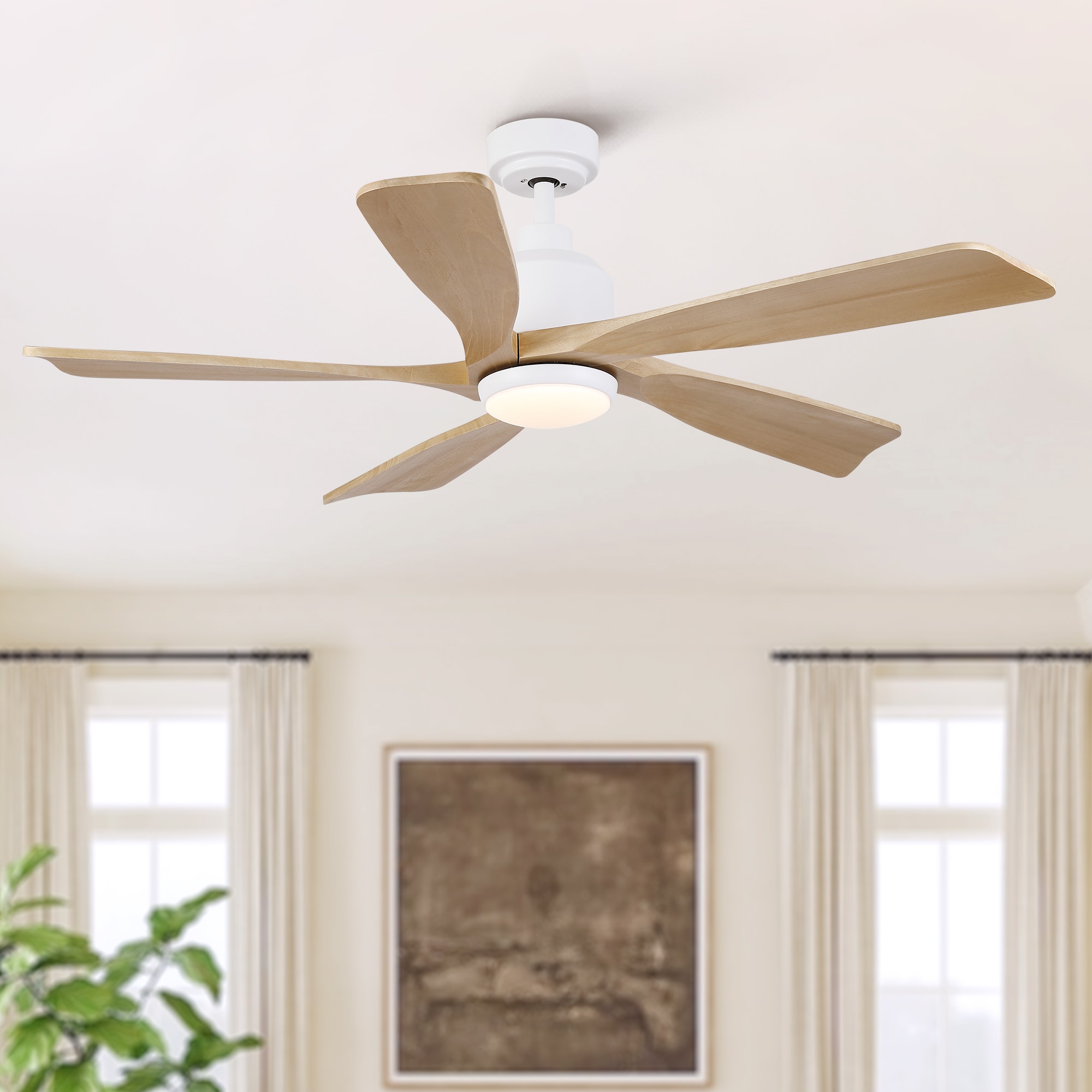 Afoxsos 52 inch Matte White Solid Wood Ceiling Fan with Light Quiet Reversible DC Motor 6 Speed Remote Control LED Dimmable ETL Rated
