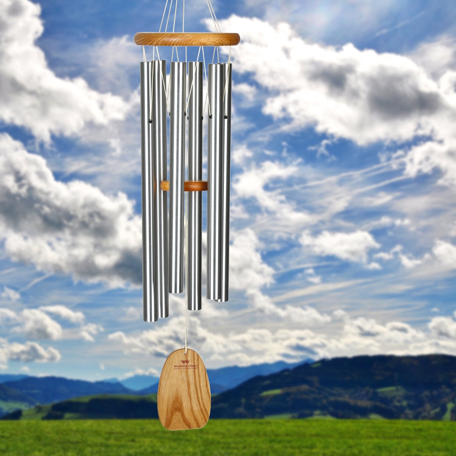 Silver Aluminum and Cherry Ash Wood Wind Chime, 34"