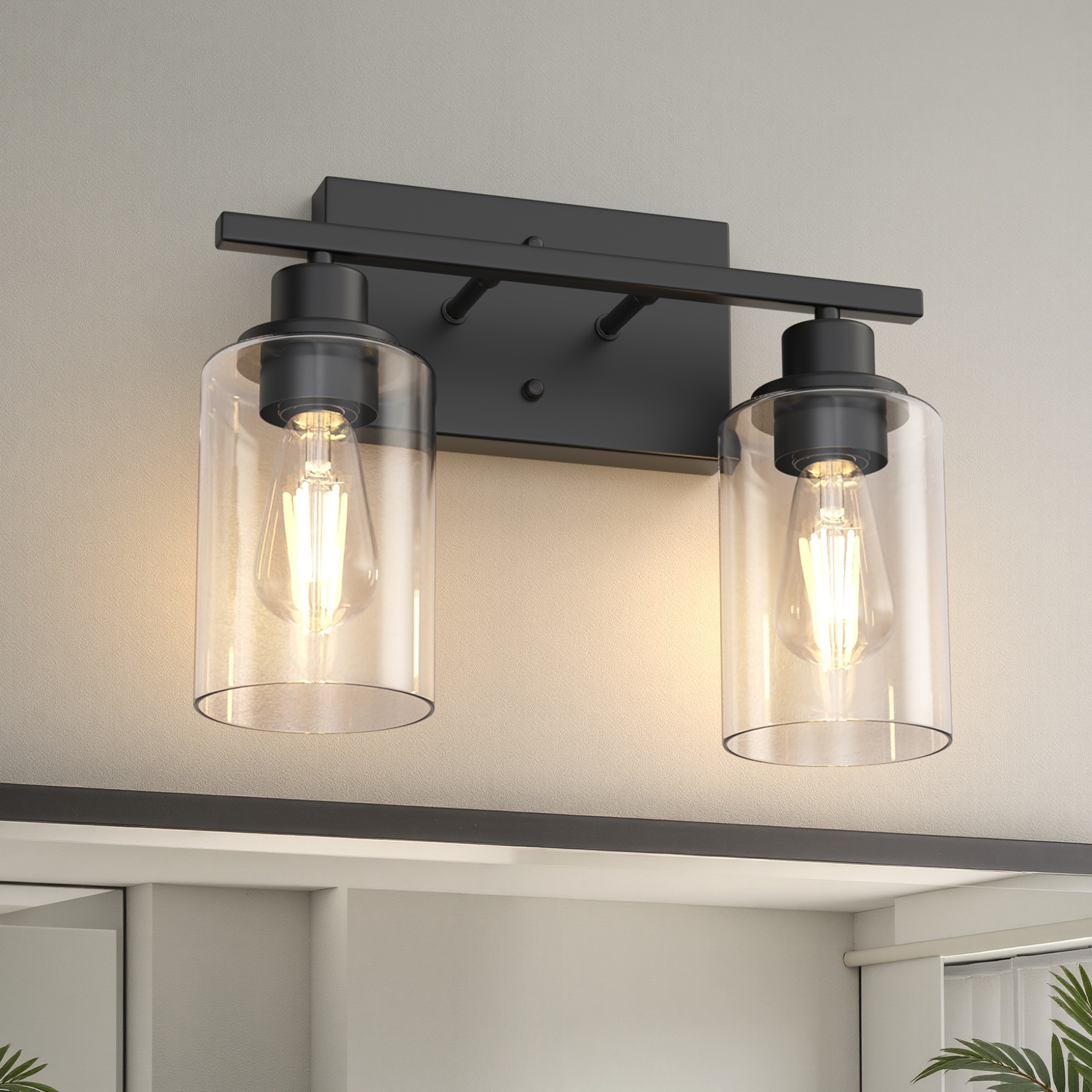 Jandcase 2-Light Matte Black Bathroom Vanity Light with E26 Sockets Clear Cylinder Glass Industrial for Bathroom Mirror Powder Room