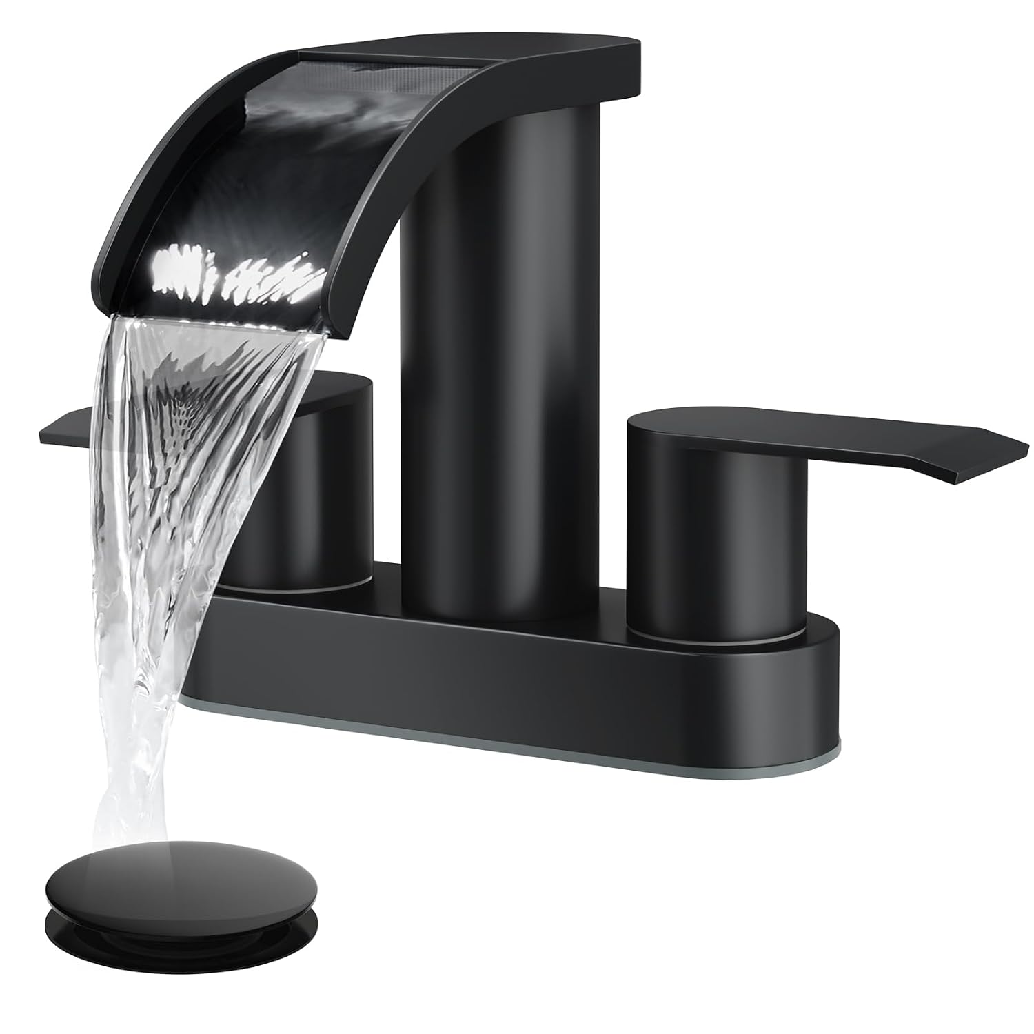 GOTONOVO 4-Inch Centerset Bathroom Sink Faucet Waterfall 2-Handle Matte Black Stainless Steel with Pop-Up Drain and 24-Inch Supply Lines for 2 or 3-Hole Sinks