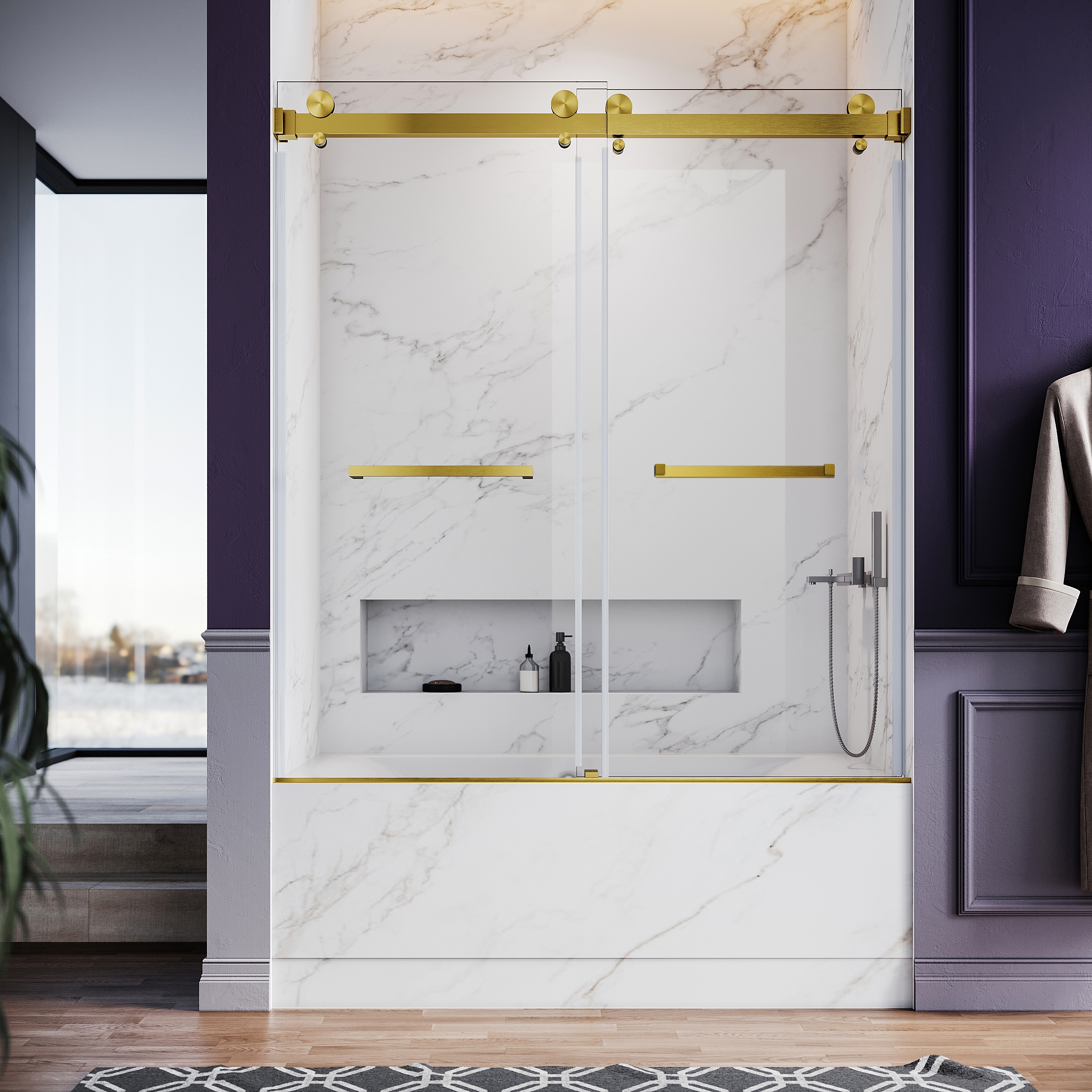 UNIKOO UKD01 56 to 60 in. x 66 in. H Frameless  Double Sliding Shower Door with Two Towel Bars in Satin Brass and 3/8 in. (10mm) Clear Glass
