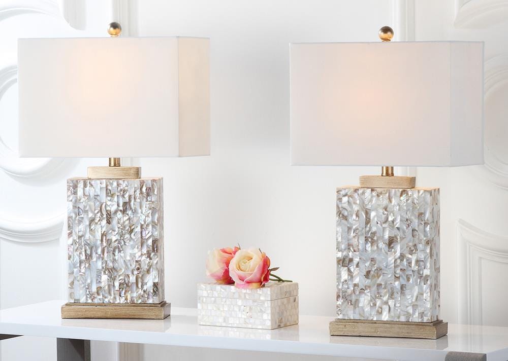 Tory 25" Cream Shell and Gold Table Lamp Set with White Shade