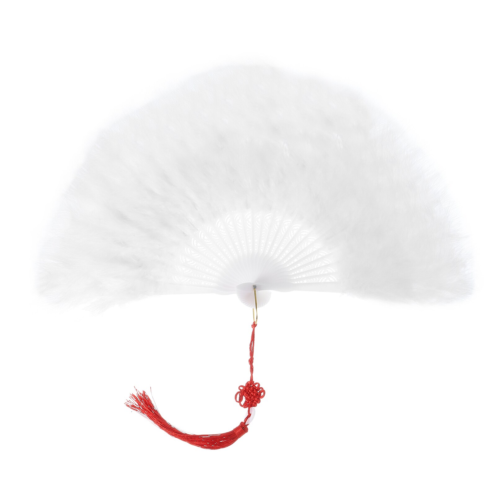 Unique Bargains Feather Hand Fan White Vintage Folding Fan with Chinese Knots Feather Fan Handheld for Halloween Party Wedding Dancing Decoration