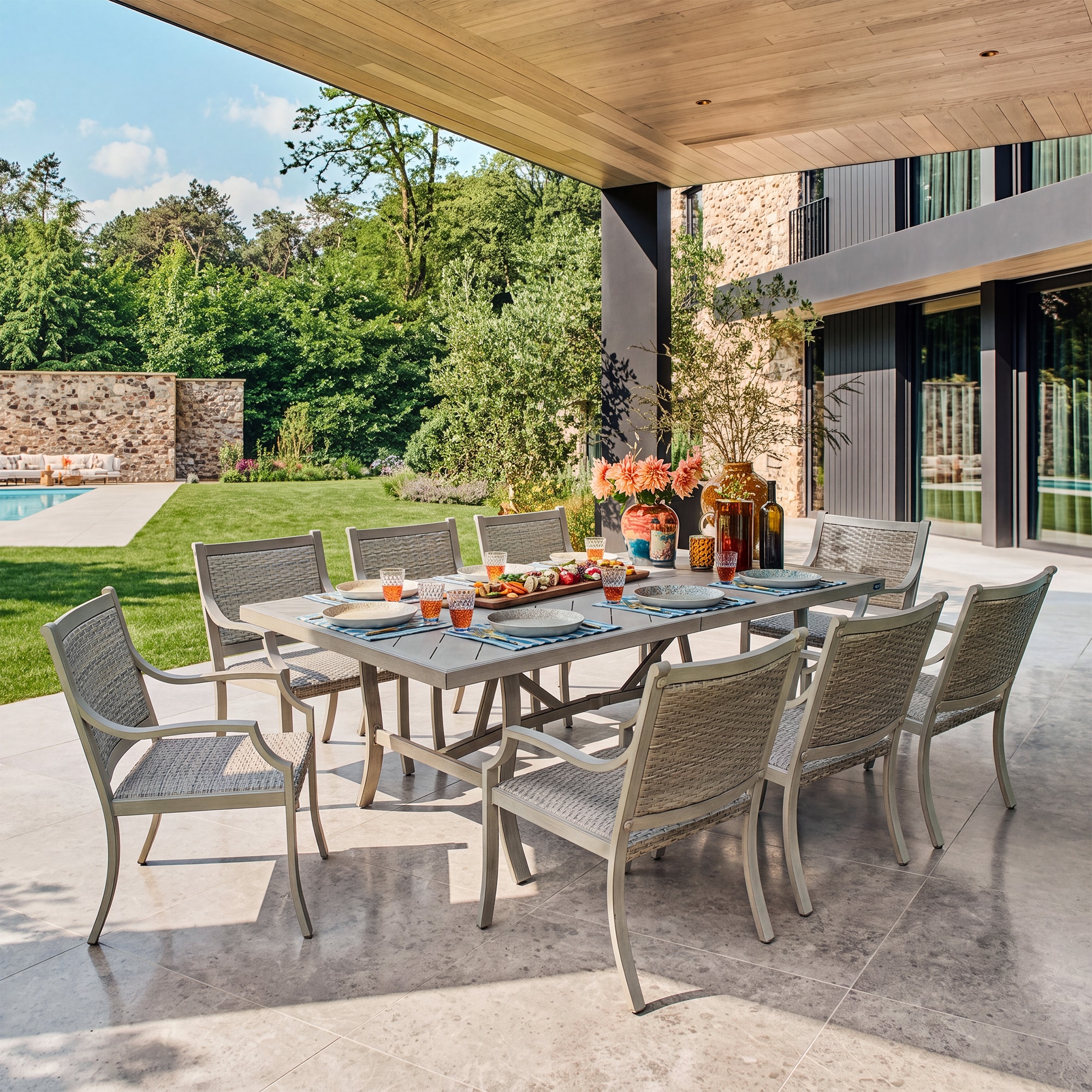 PEAK HOME FURNISHINGS - Ellis 9 -Piece Grey Patio Dining Set Aluminum Rectangle Table with 8 Cush...