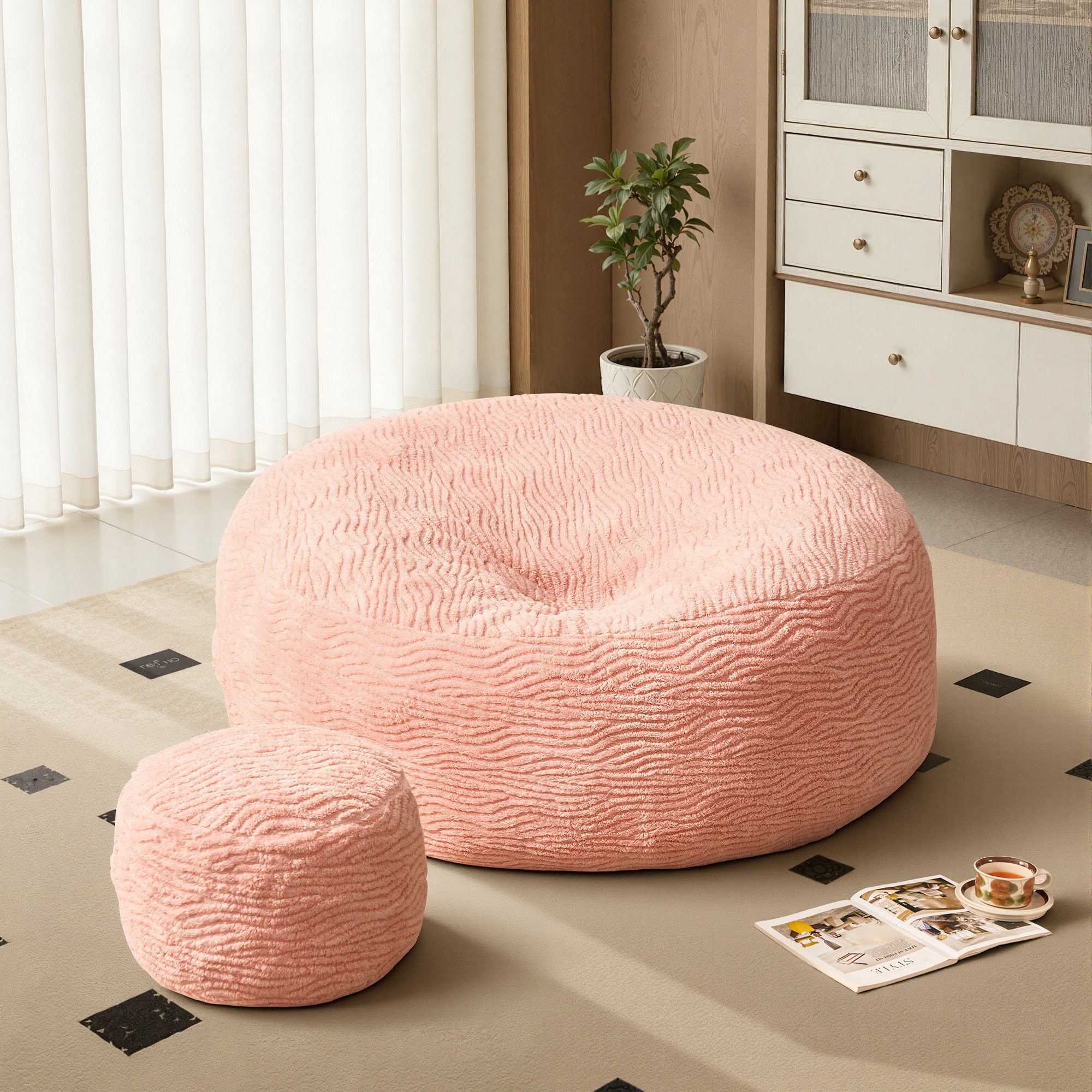 Toject Bean Bag Chair with Ottoman Big Bean Bag Oversized Couch for Adults Stuffed Sofa Chair Comfy with Spacious Design for Reading Playing or Relaxing Pink