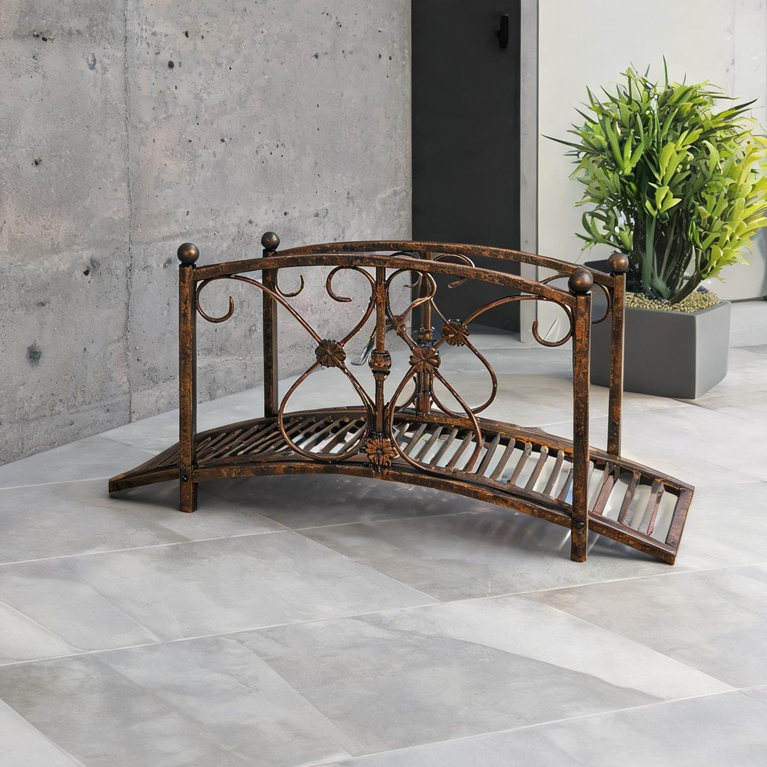 BBabe Wood-Tone Brown Arched Metal Garden Bridge with Safety Rails for Backyard Streams Walkways 40.25 L