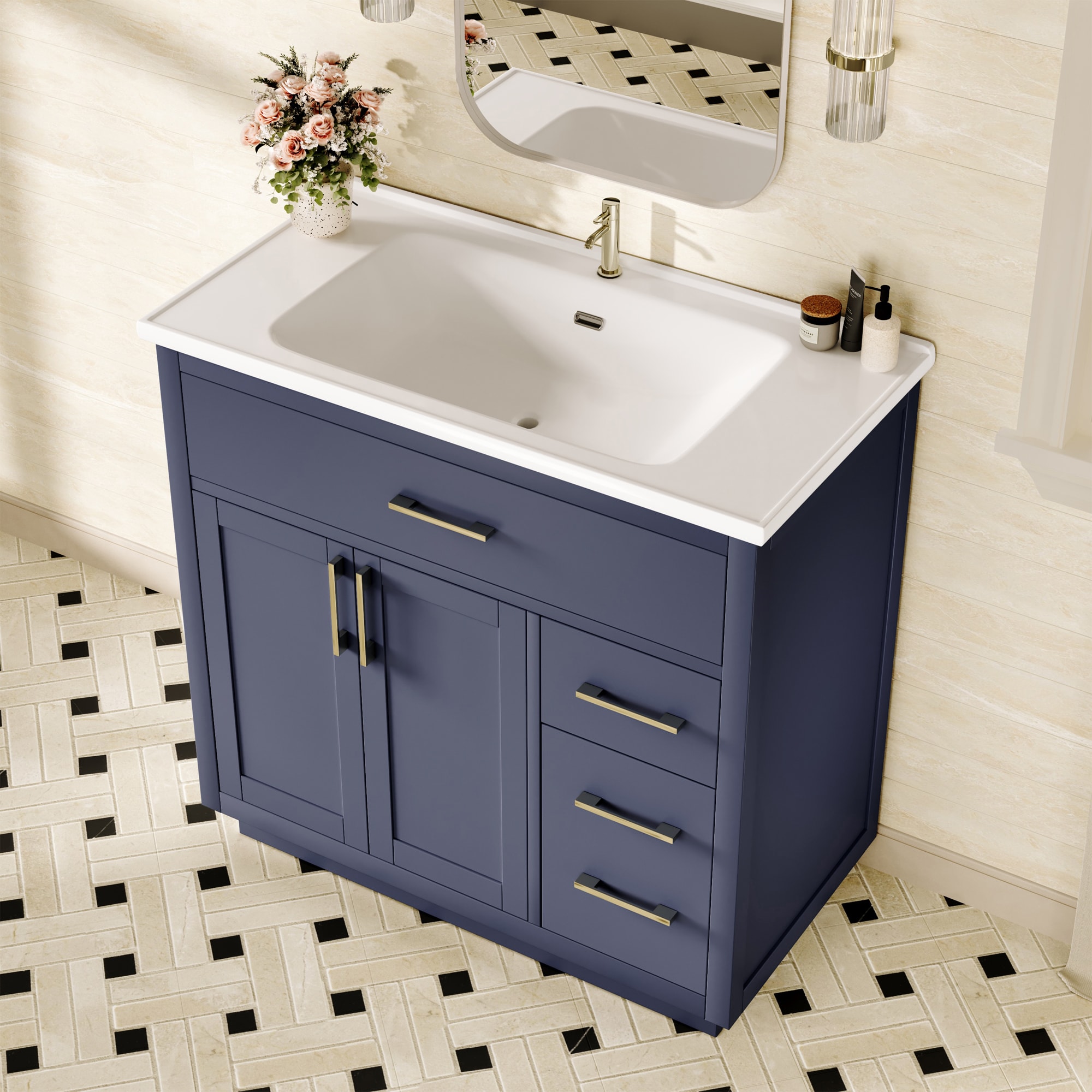 JEAREY 36-in Blue Single Sink Bathroom Vanity with White Marble