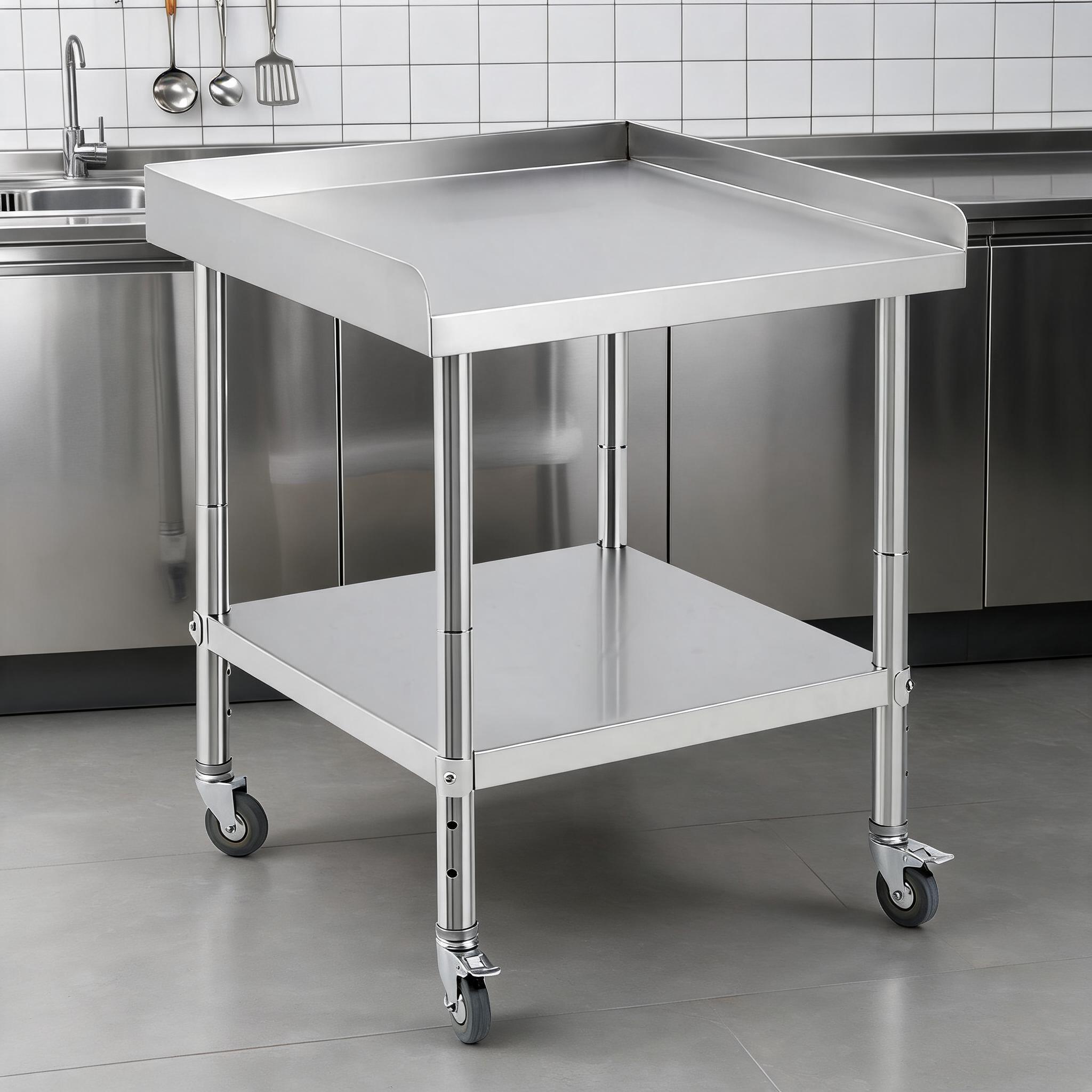 IdealHouse Heavy Duty Stainless Steel Commercial Work Table with Wheels Adjustable Shelf 3 Sided Backsplash NSF Certified 400 lbs Capacity Ideal for Restaurant Kitchen Food Service Outdoor Grill Size 24x24x30 inch