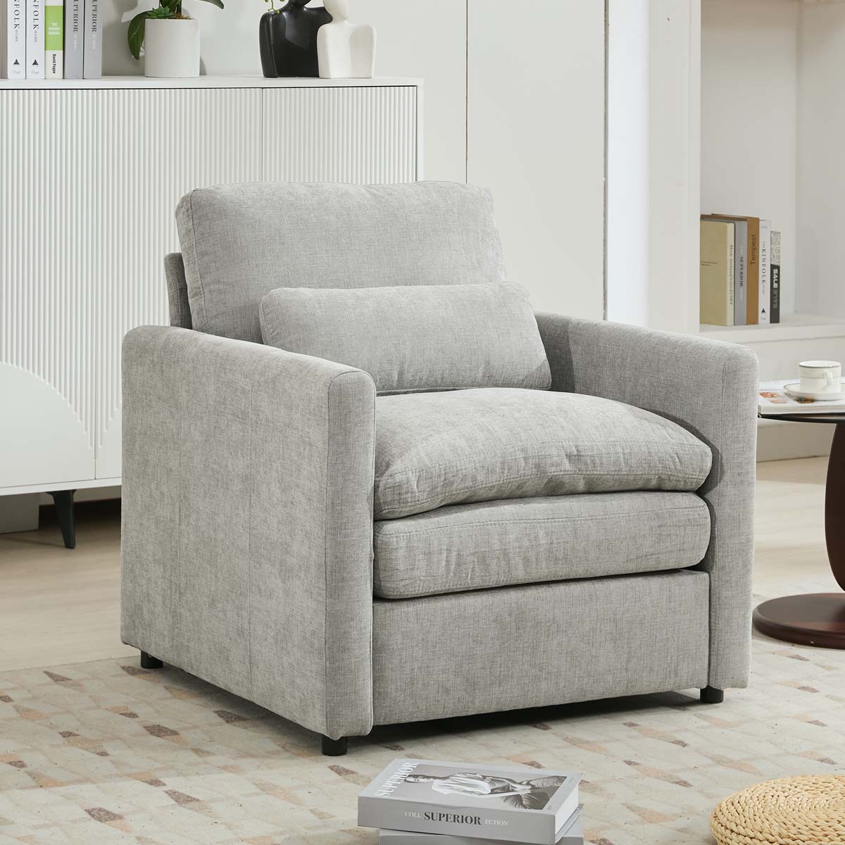 ModernLuxe Assembly Required 31.9inch Cozy Upholstered Armchair Oversized Comfy Cloud Sofa Double Cushion Single Sofa Plush Cushion Armchair for Living Room Light Grey