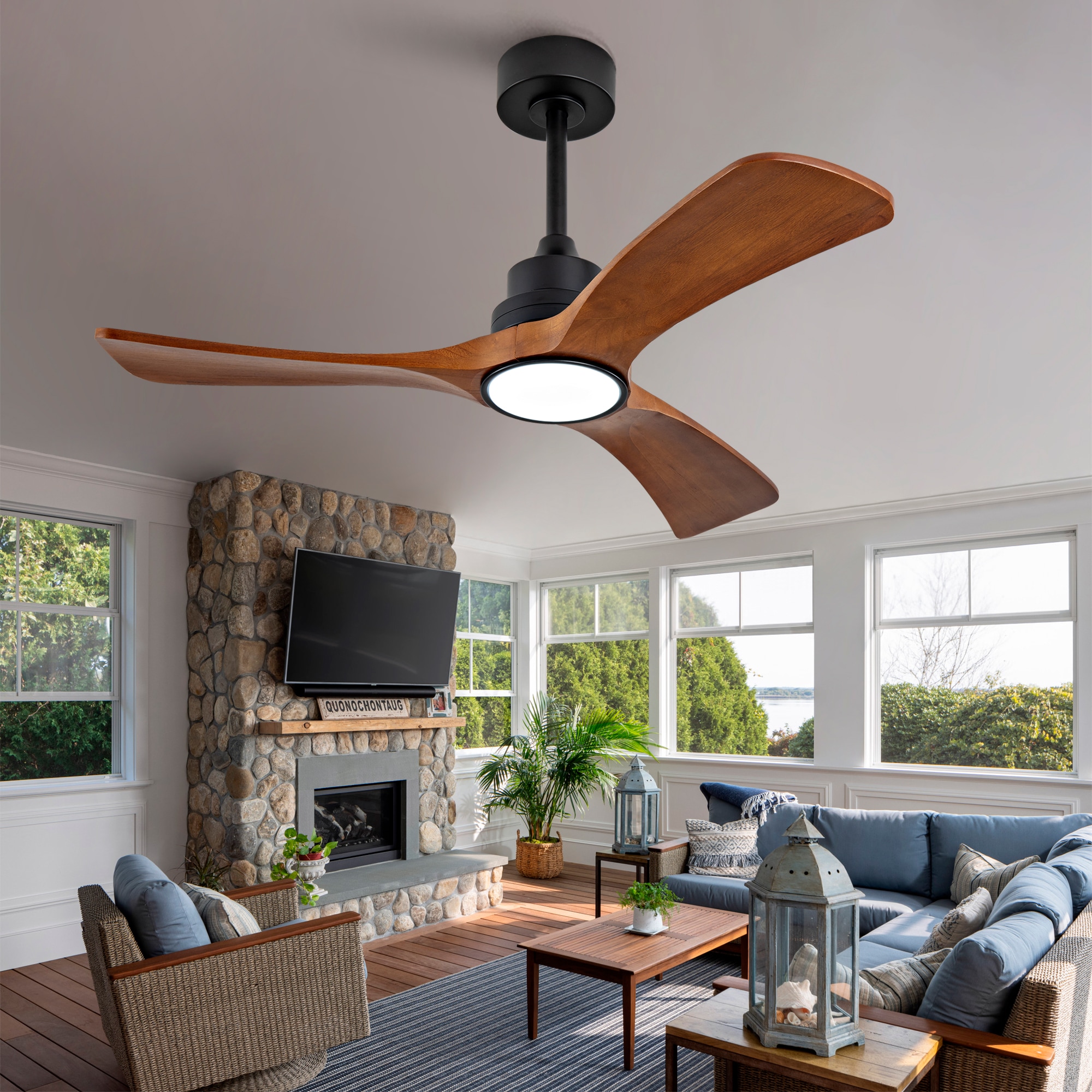 JUSHUA New Model 42 Inch Wood Ceiling Fan With 3 Solid Wood Blades Remote Control Reversible DC Motor