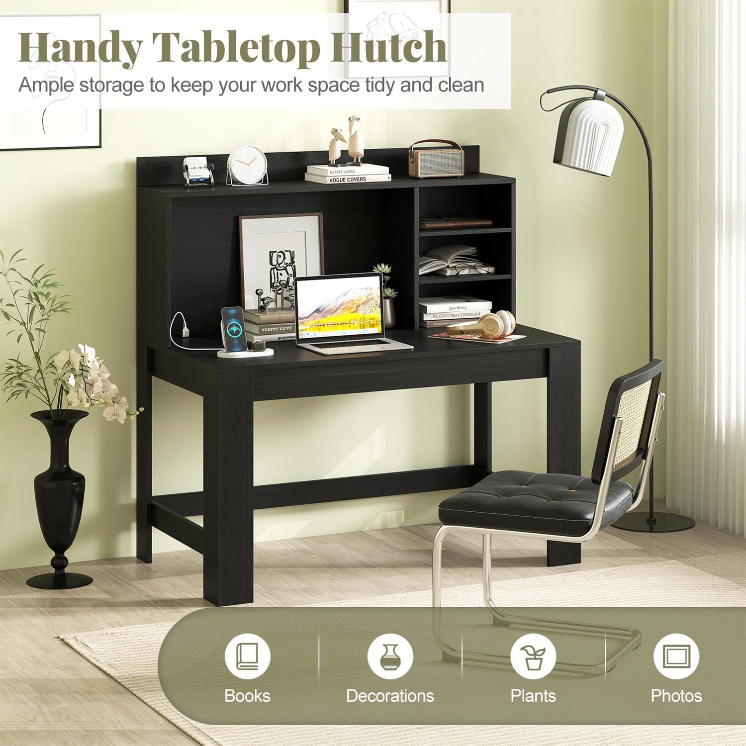 VERYKE Modern Computer Desk Built In Charging Station H Shape Frame ...