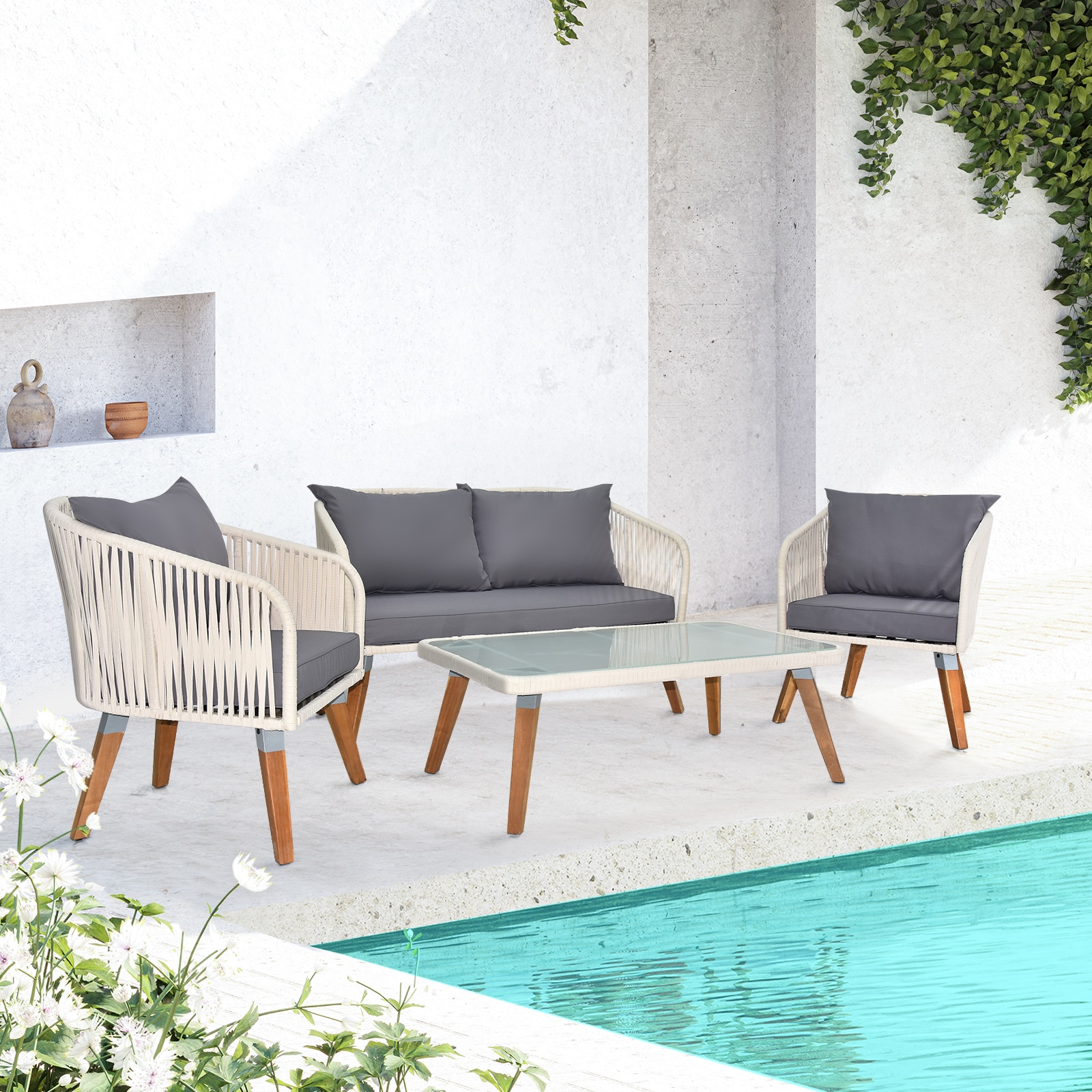 Winado LO1G56000731+732 4 -Piece 3 Patio Sofa Conversation Set with Gray Cushions