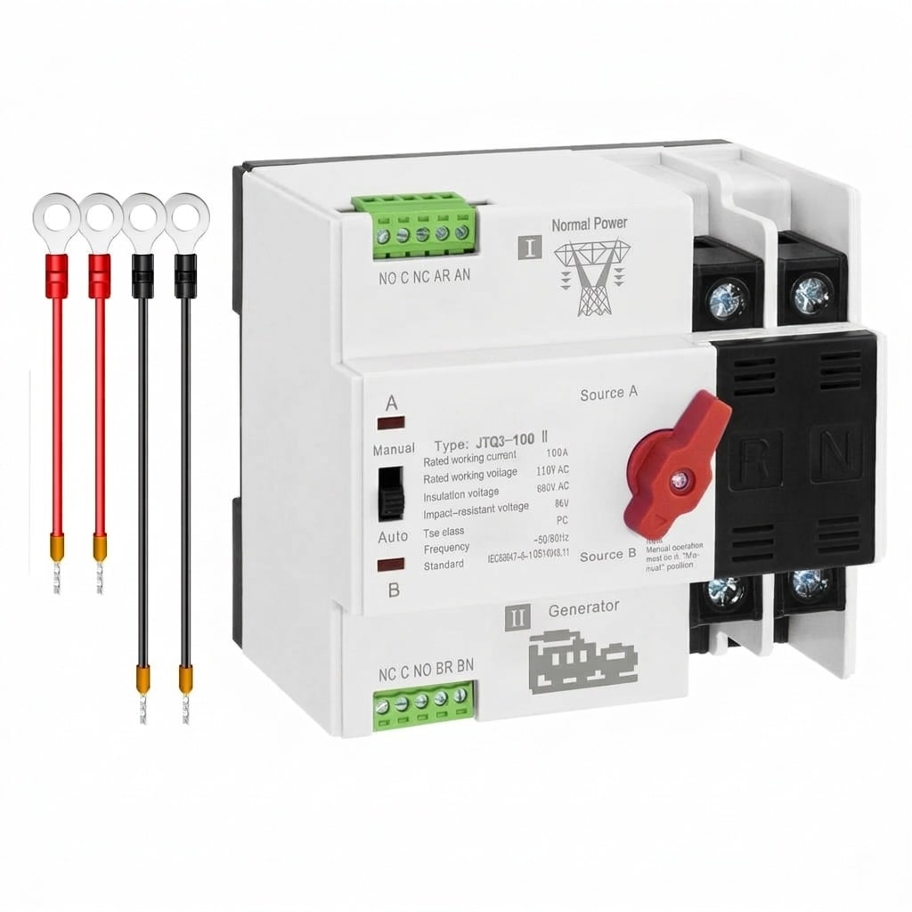 Misopily Dual Power Automatic Transfer Switch 2 Pole 100A 110V 50 60Hz Auto Manual Changeover for Generator Home Office Factory Continuous Power #LMS0602M040