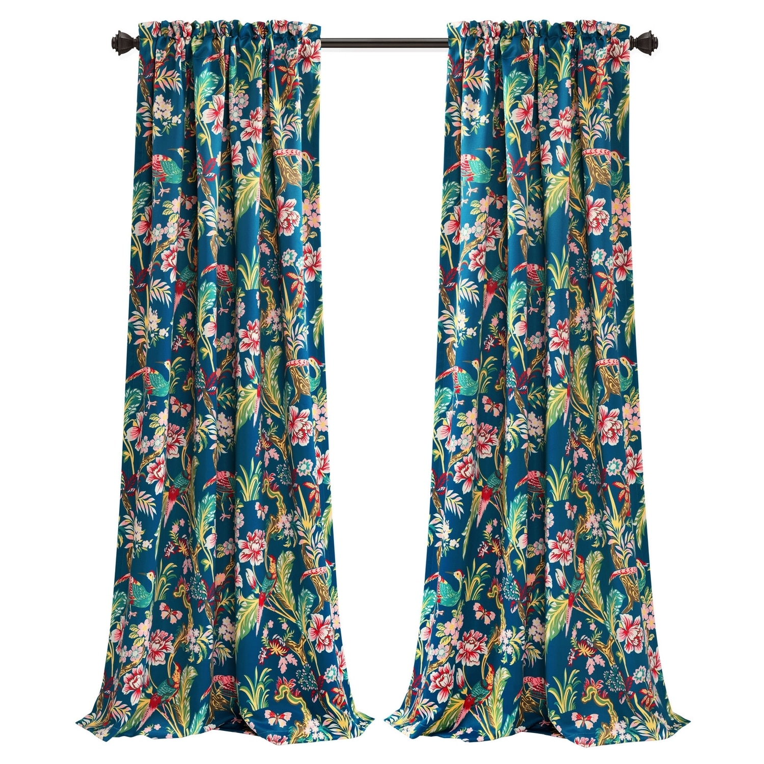 Navy and Multicolor Floral Blackout Polyester Curtain Panels