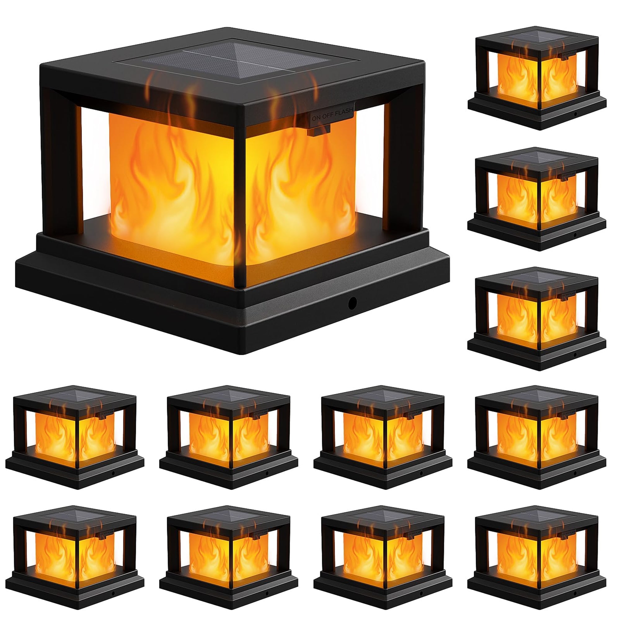 Angel Sar 12 Pack Black Solar Flame Post Lights IP65 Waterproof Flickering Flame Light for 4x4 Vinyl Wooden Posts Garden Patio Fence Deck