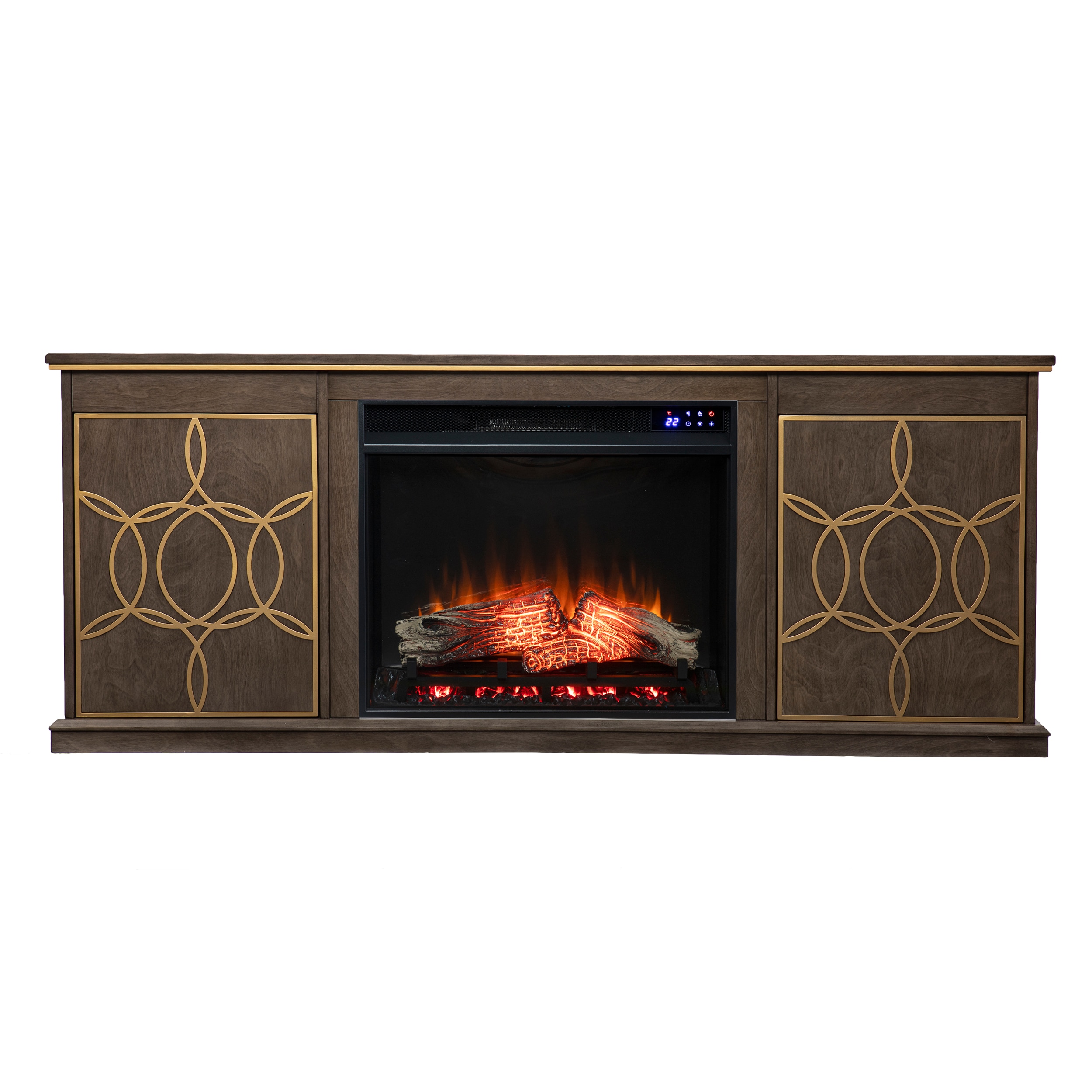 Southern Enterprises FR1137356 60.75-in W Brown, Gold TV Stand with Fan-forced Flat wall Electric Fireplace with Remote Control Included