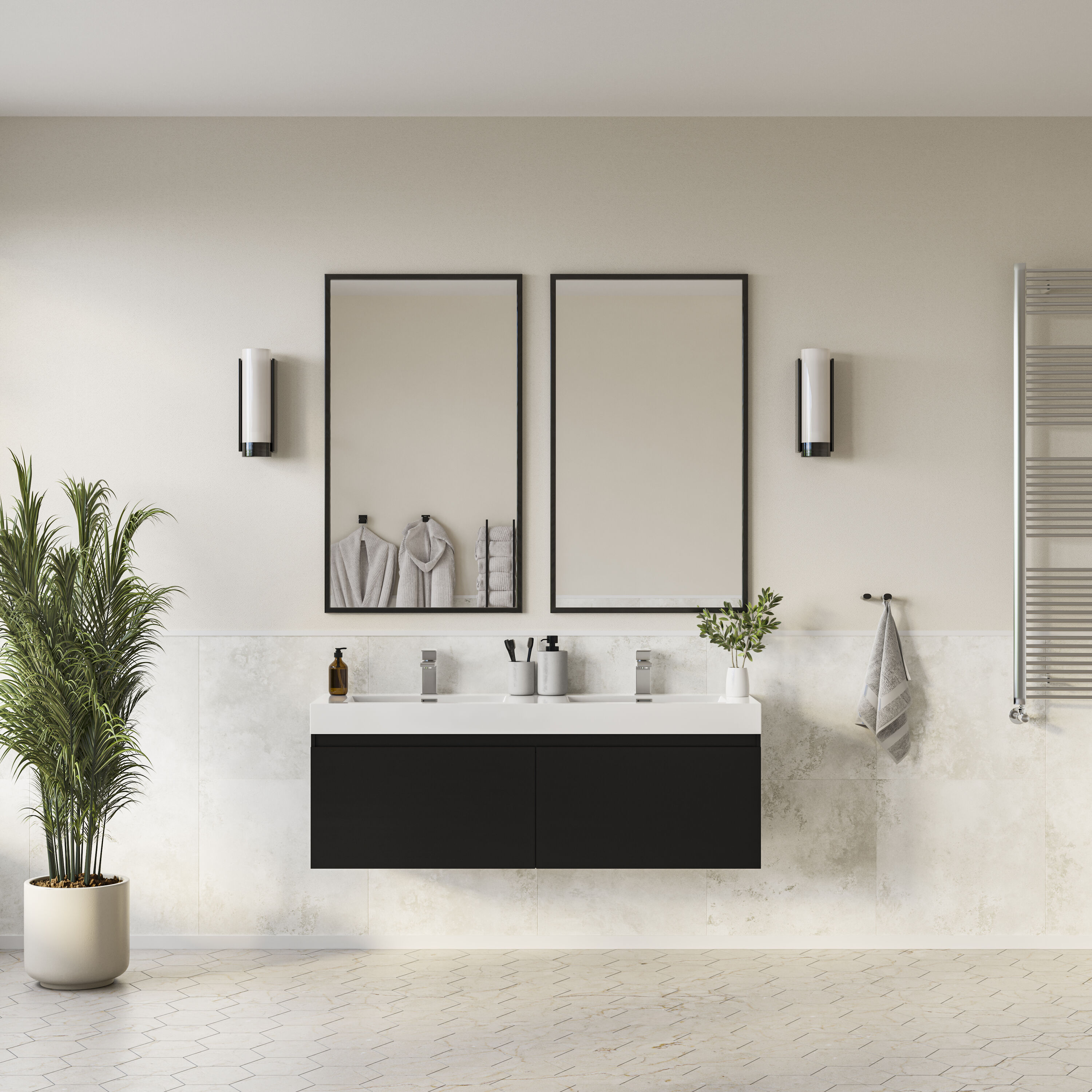 Fresca FCB8042BW-I Mezzo 60-in Black Double sink Floating Bathroom Vanity with White Acrylic Top