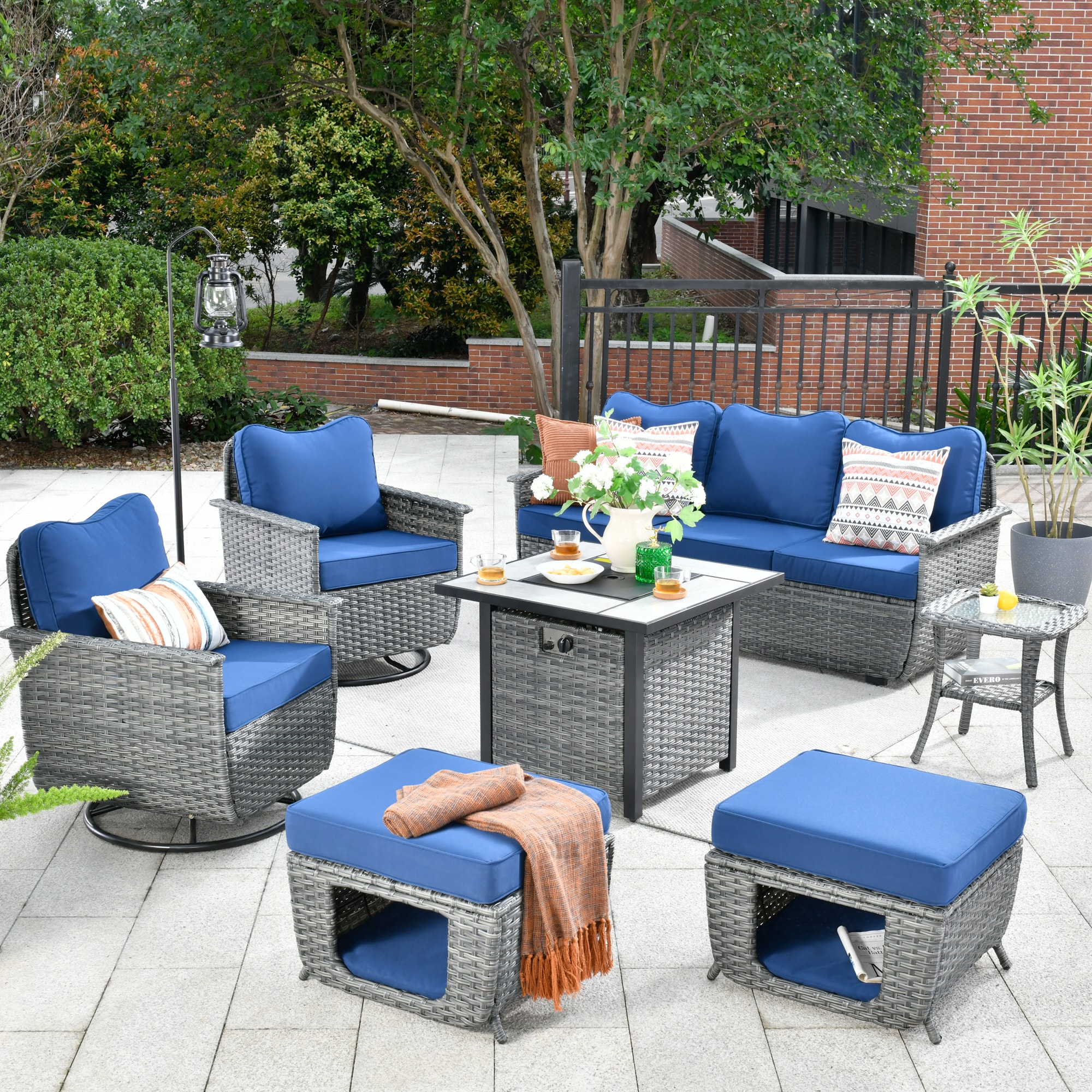 Pouuin SYZPET7007 7 -Piece Patio Sofa Conversation Set with Blue