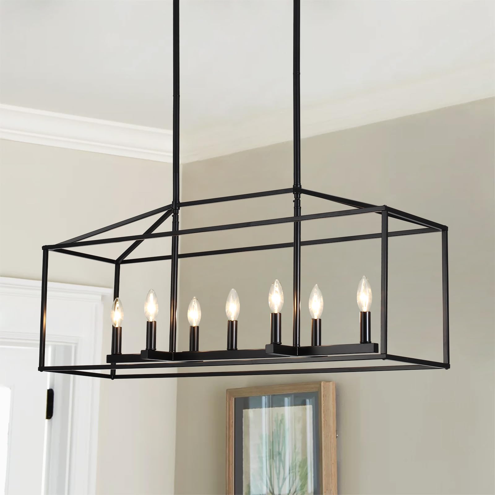 IUEST  7 Light Dining Room Chandelier Matte Black Modern Farmhouse Kitchen Island Light Adjustable Height Rectangle Pendant Light