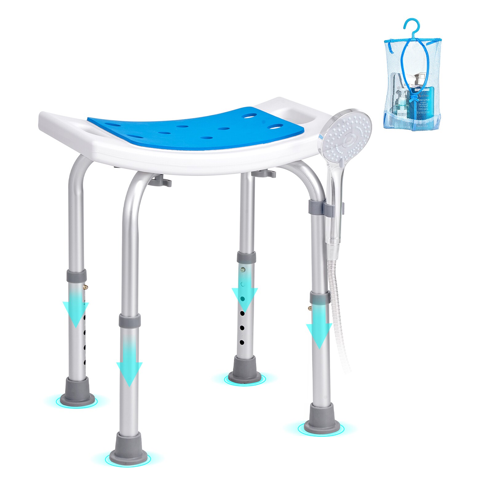 Misopily  shower chair adjustable height 6 settings 14.2 to 19.09 inch non slip seat for elderly disabled 350 lbs capacity storage bag holder