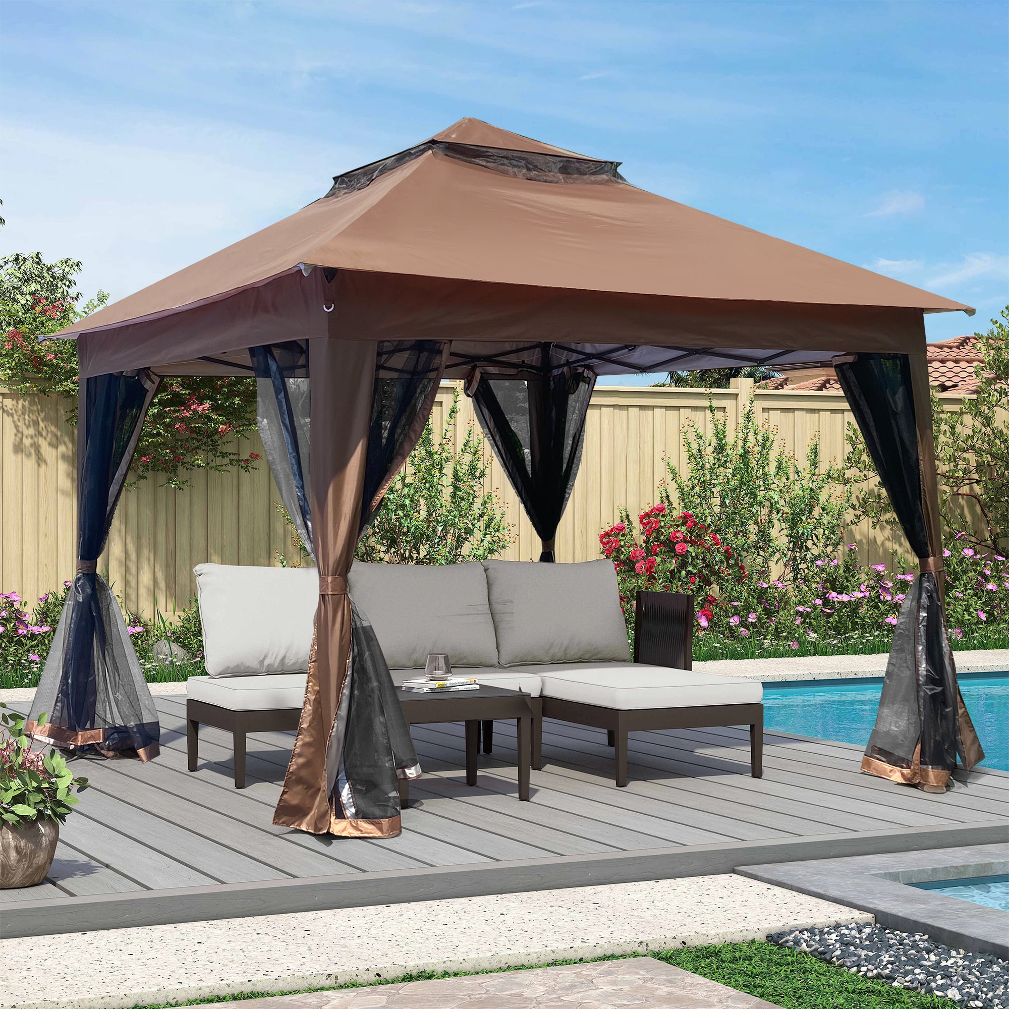 Mondawe MOGAZ007-S 11-ft x 11-ft Dark Brown Gazebo with Soft Top Roof (Screen Included)