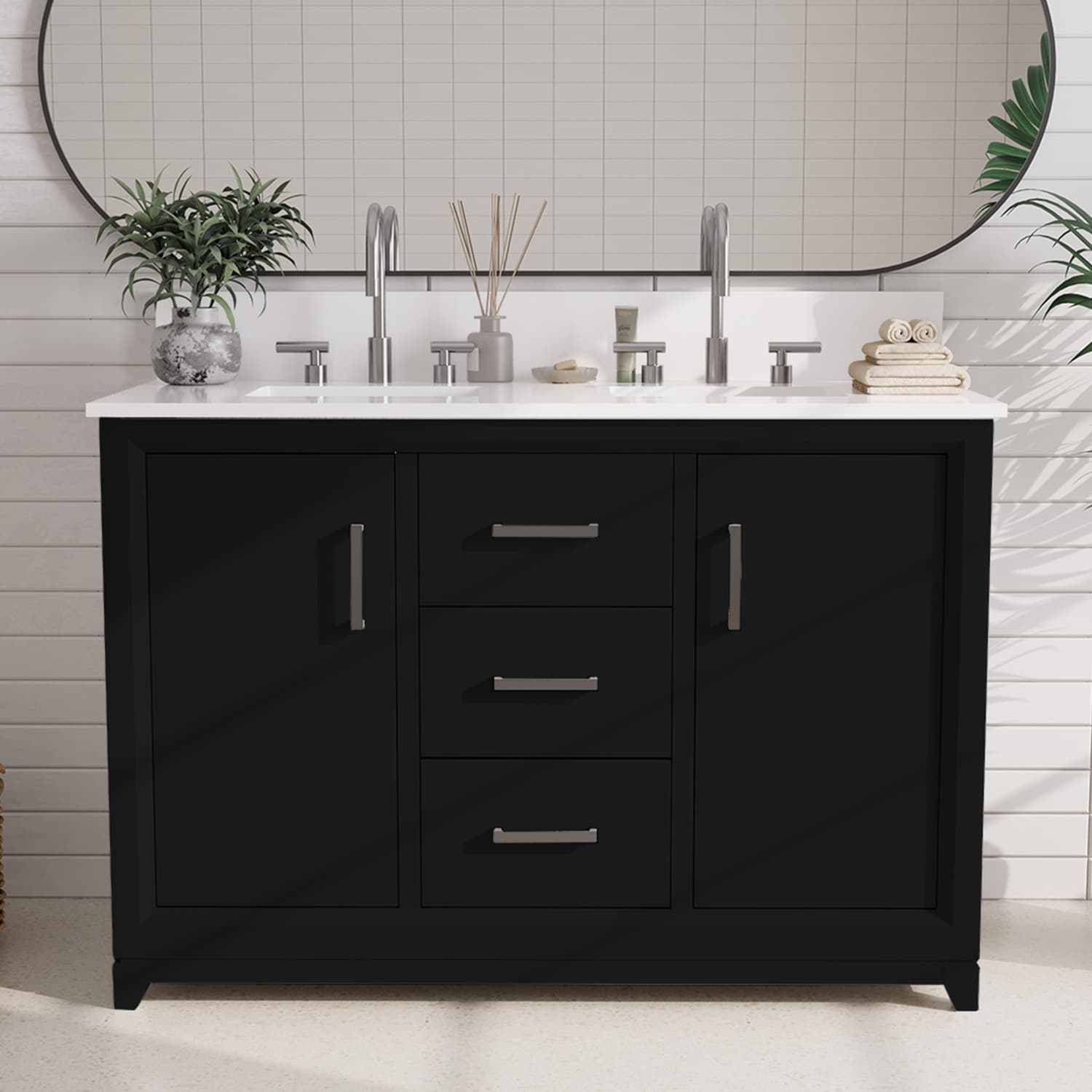 JEAREY DXRTZ-YW Bathroom vanity with top 48-in Black Double Sink Bathroom Vanity with White Ceramic Top