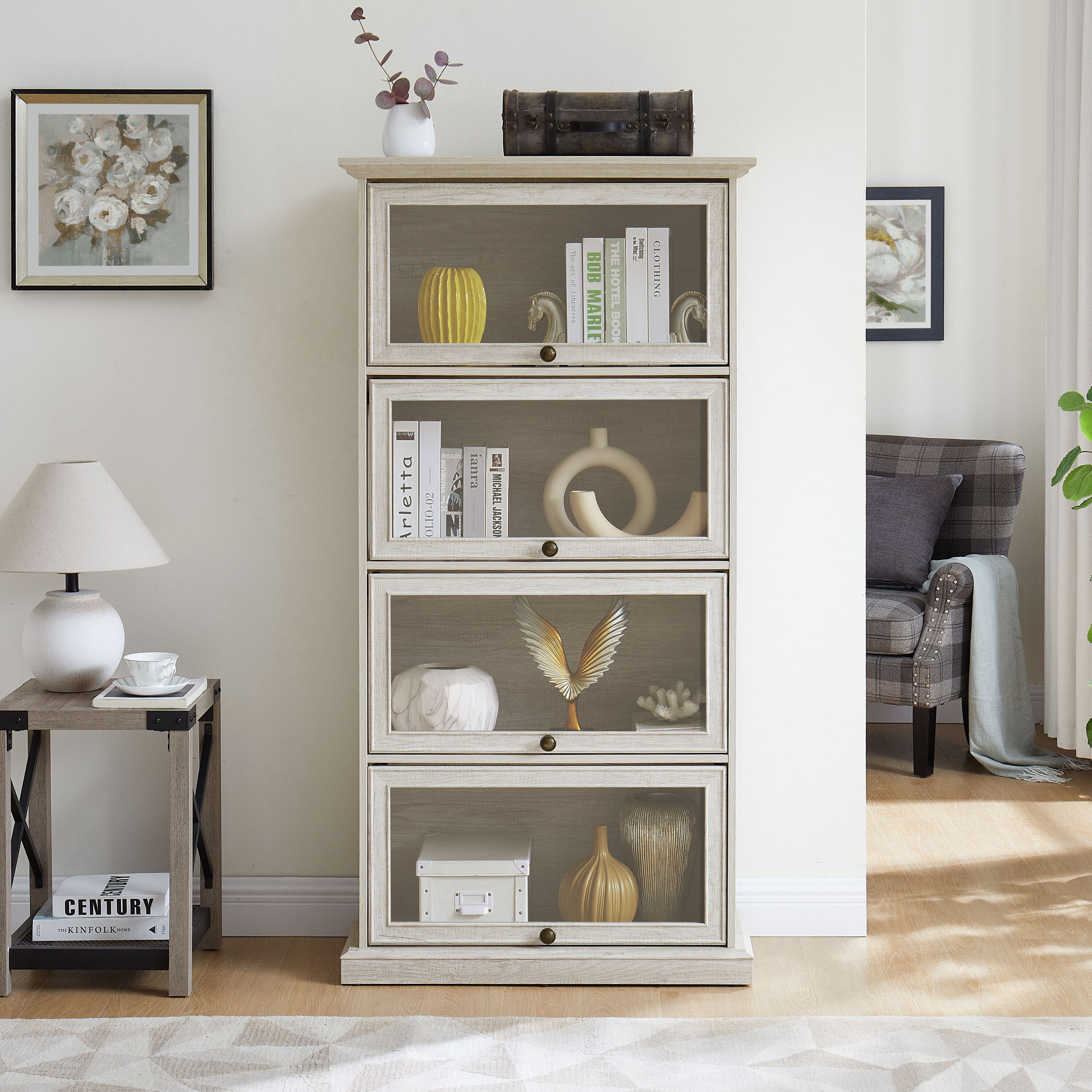 LUXEYARD - Glass display cabinet 4 Tier Glass Display Cabinet Storage Curio Cabinet with Flip up ...
