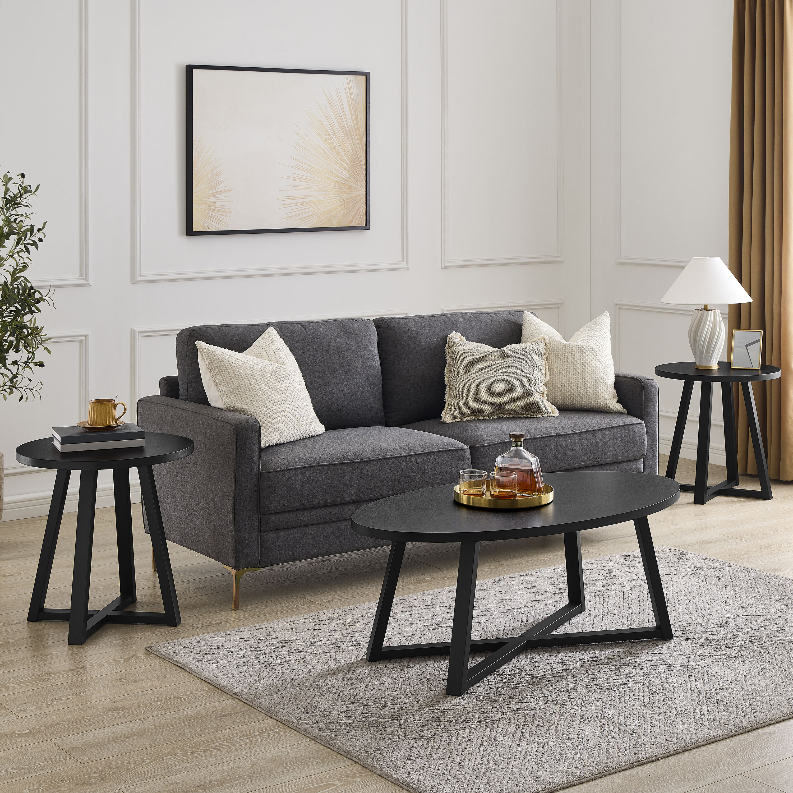Roundhill Furniture OS0165BK Harmony Modern Black Rubberwood Accent Table Set