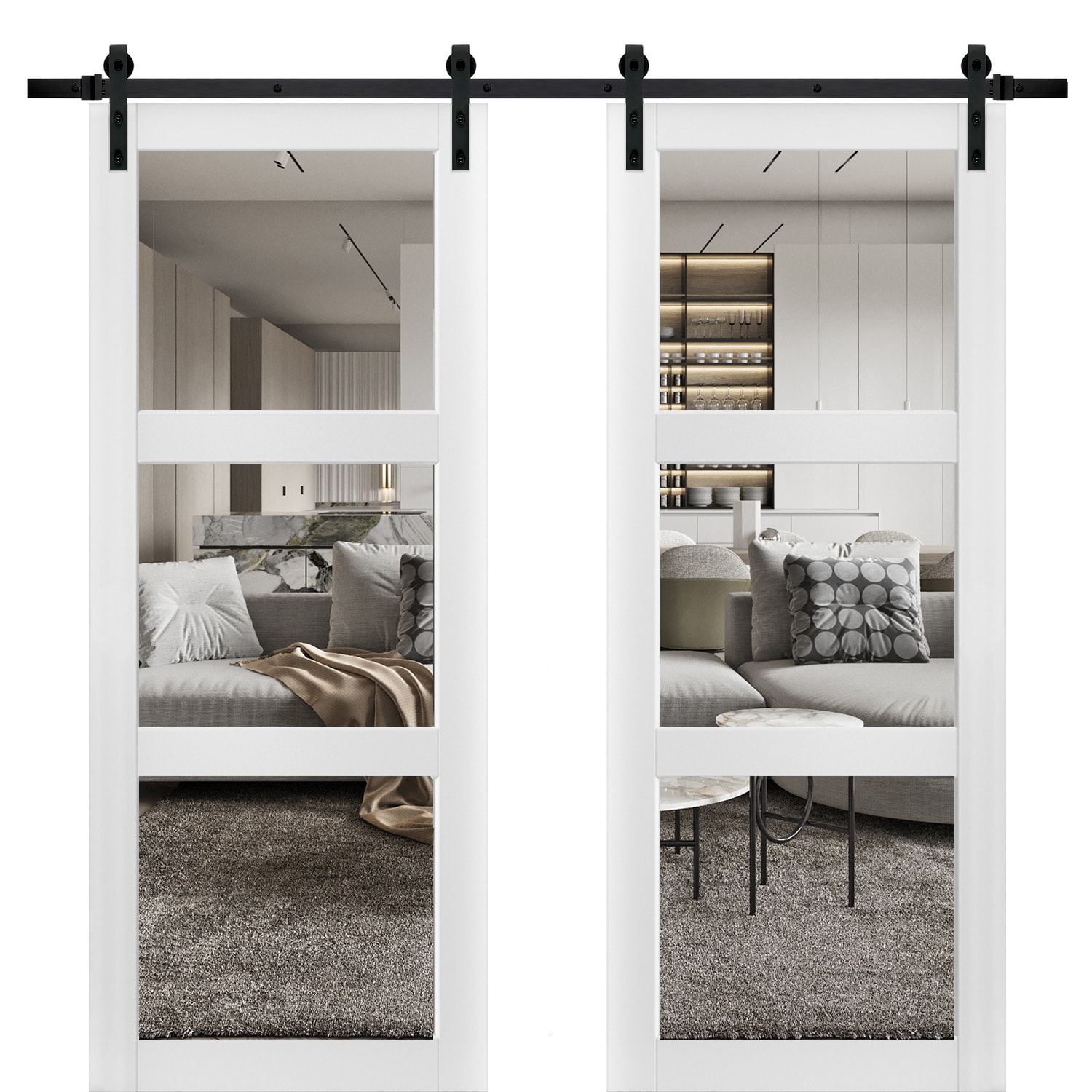 SARTODOORS LUC2555DB-WS-72 72-in x 80-in White Silk Clear Glass MDF Double Barn Door (Hardware Included)