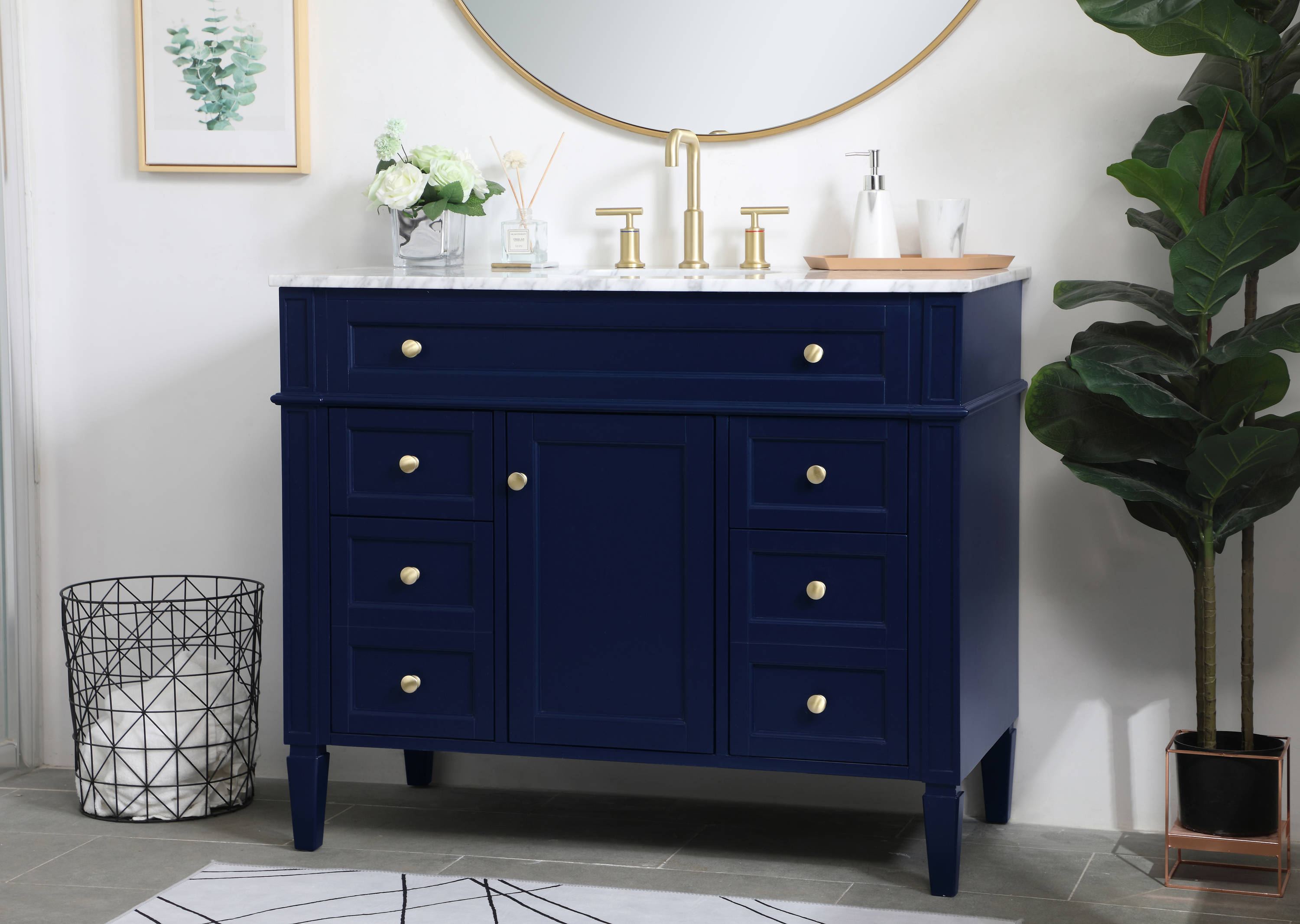 Blue Solid Wood MDF Marble Single Bathroom Vanity with Gold Hardware