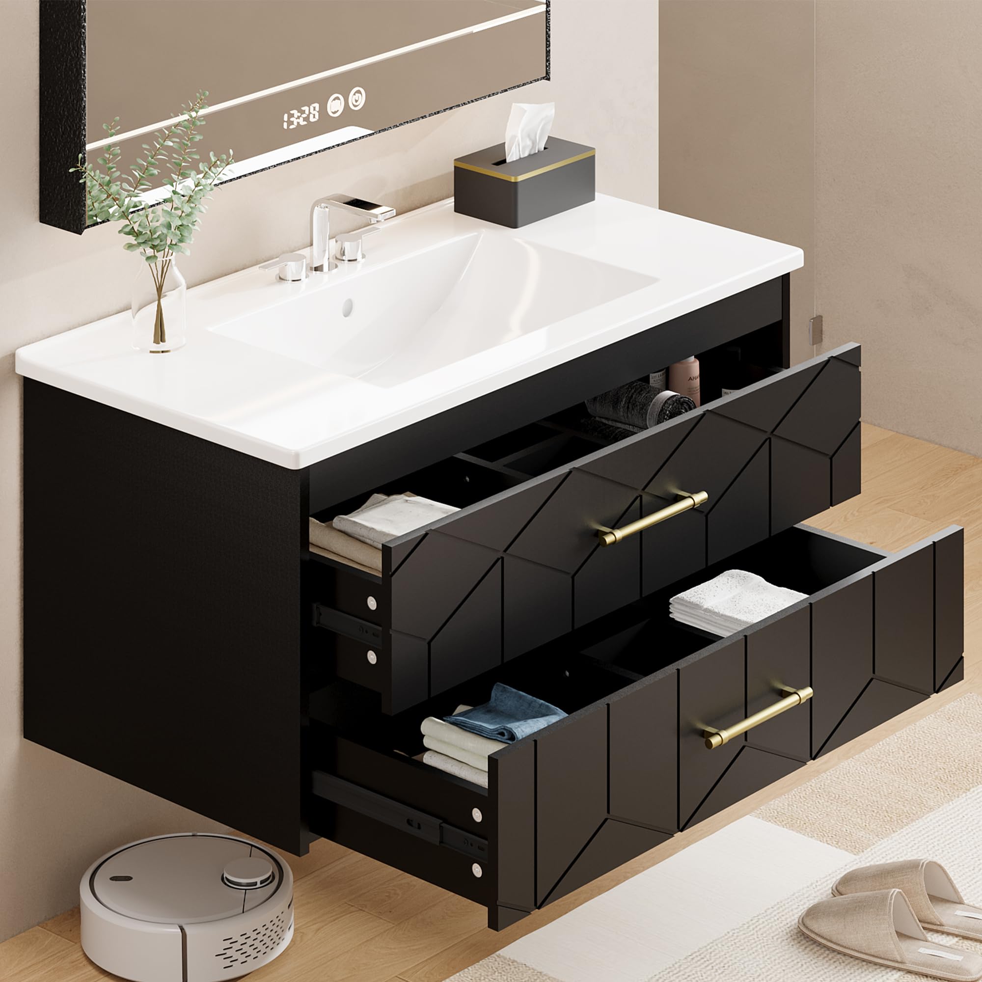 GarveeLife Modern Floating Bathroom Vanity Set 36 in W Wall Mounted Cabinet with 2 Large Soft Close Drawers Gold Handles Ceramic Basin Easy Assembly Black