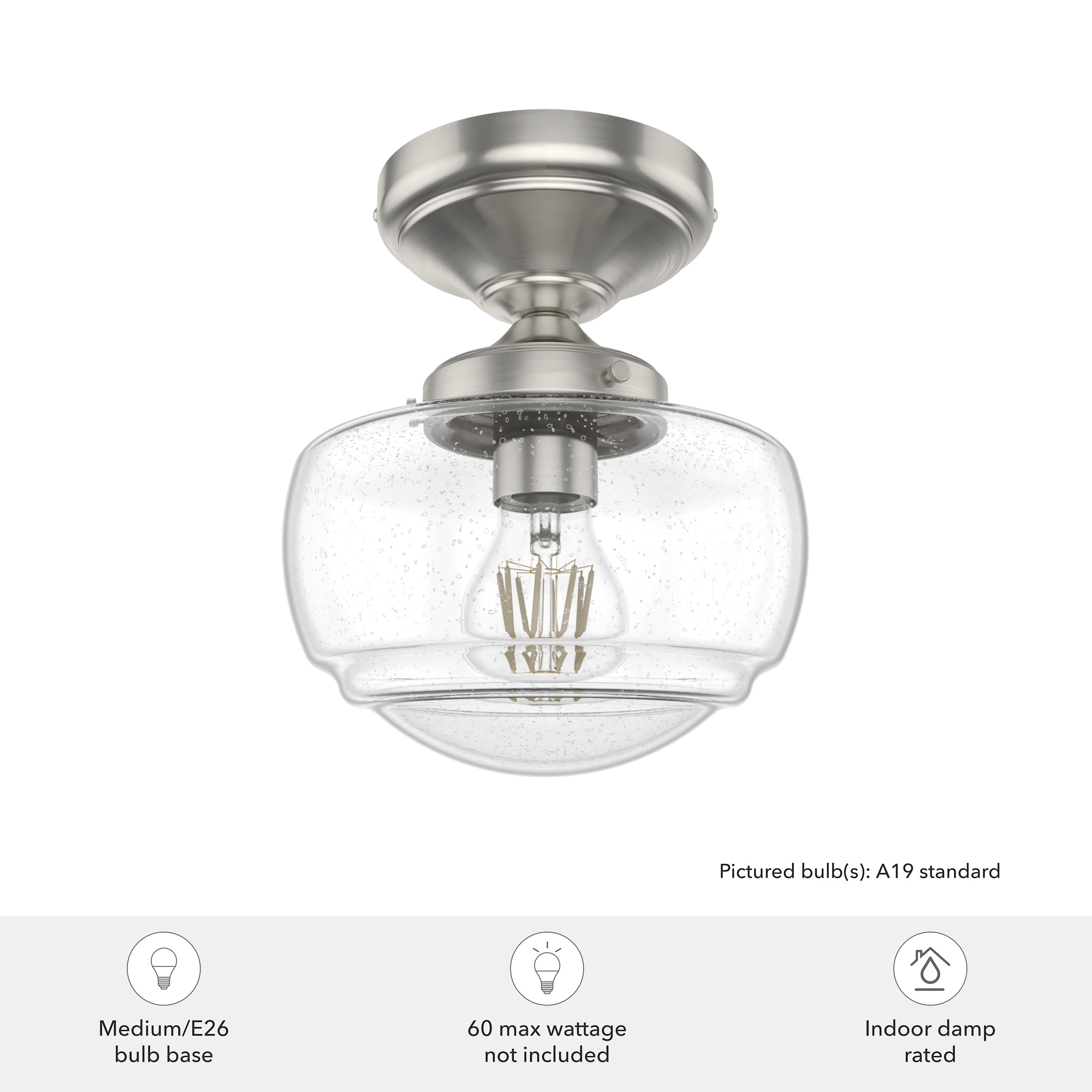 Saddle Creek Brushed Nickel 1-Light Mini Semi-Flush Mount with Clear Seeded Glass