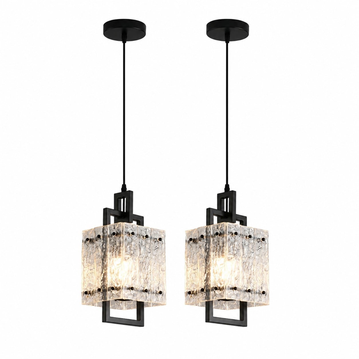 Aoibox  Matte Black Water Ripple Glass Pendant Light 2 Pack with 7 in Square Shade and 60 in Adjustable Cord