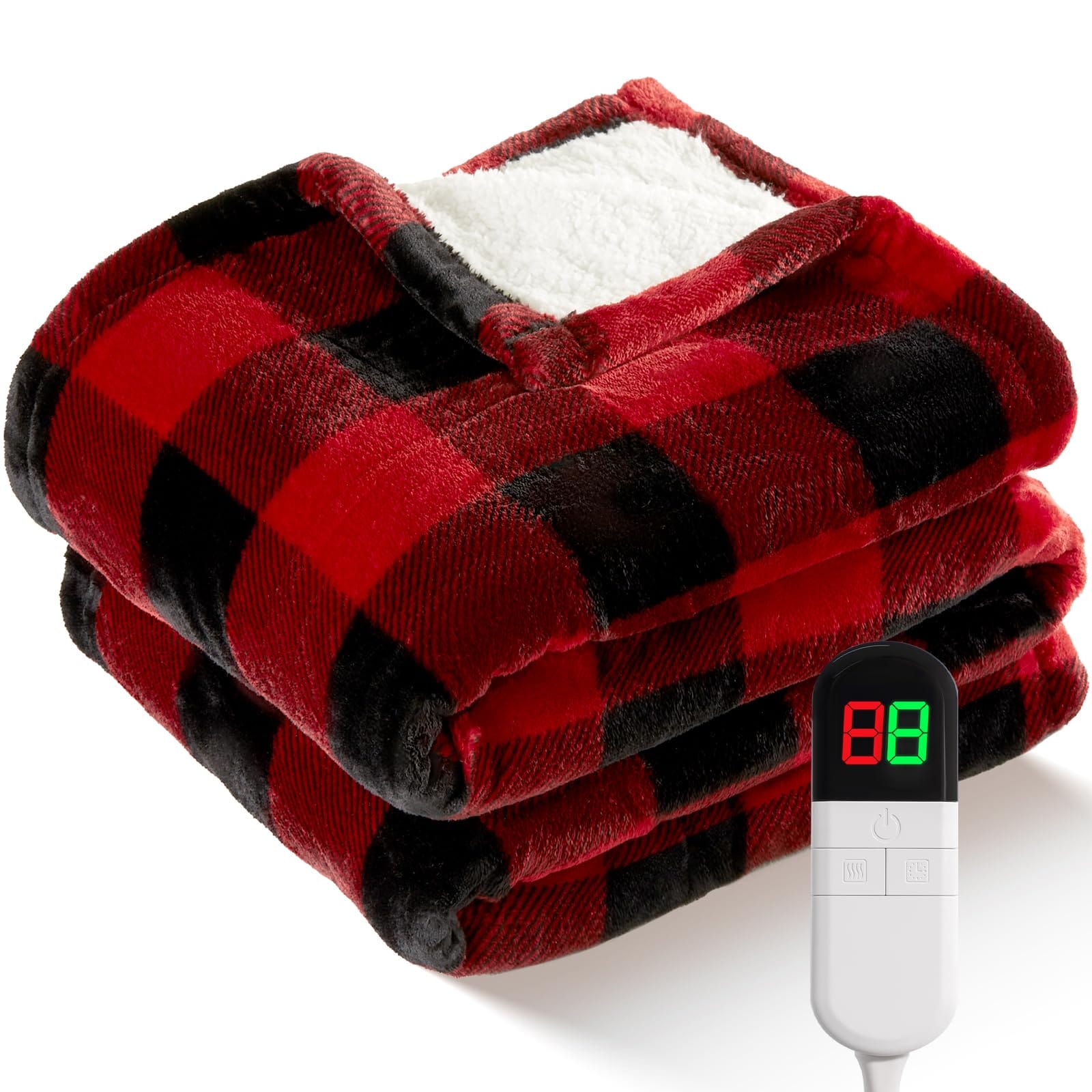 Etokfoks  red buffalo plaid sherpa heated throw blanket with 8 heat levels 8 hour auto off overheat protection and long power cord
