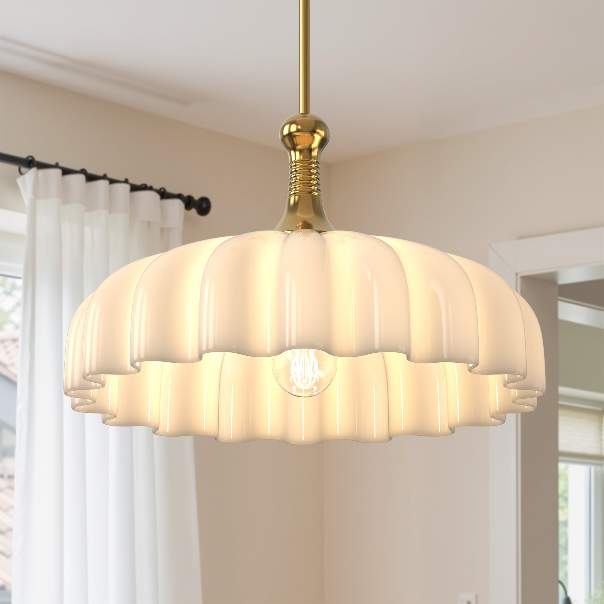 DORESshop 1 Light Gold Pendant Light with White Glass Shade Elegant Hanging Lamp for Kitchen Dining Room and Bedroom