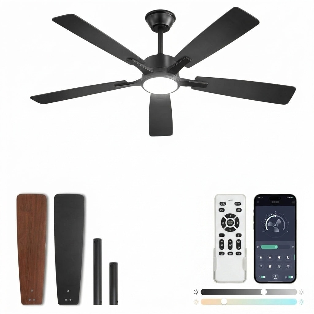 Etokfoks  52 in Black Housing Black Blade Downrod Mount Modern Ceiling Fan with Dimmable LED Light with Remote Included