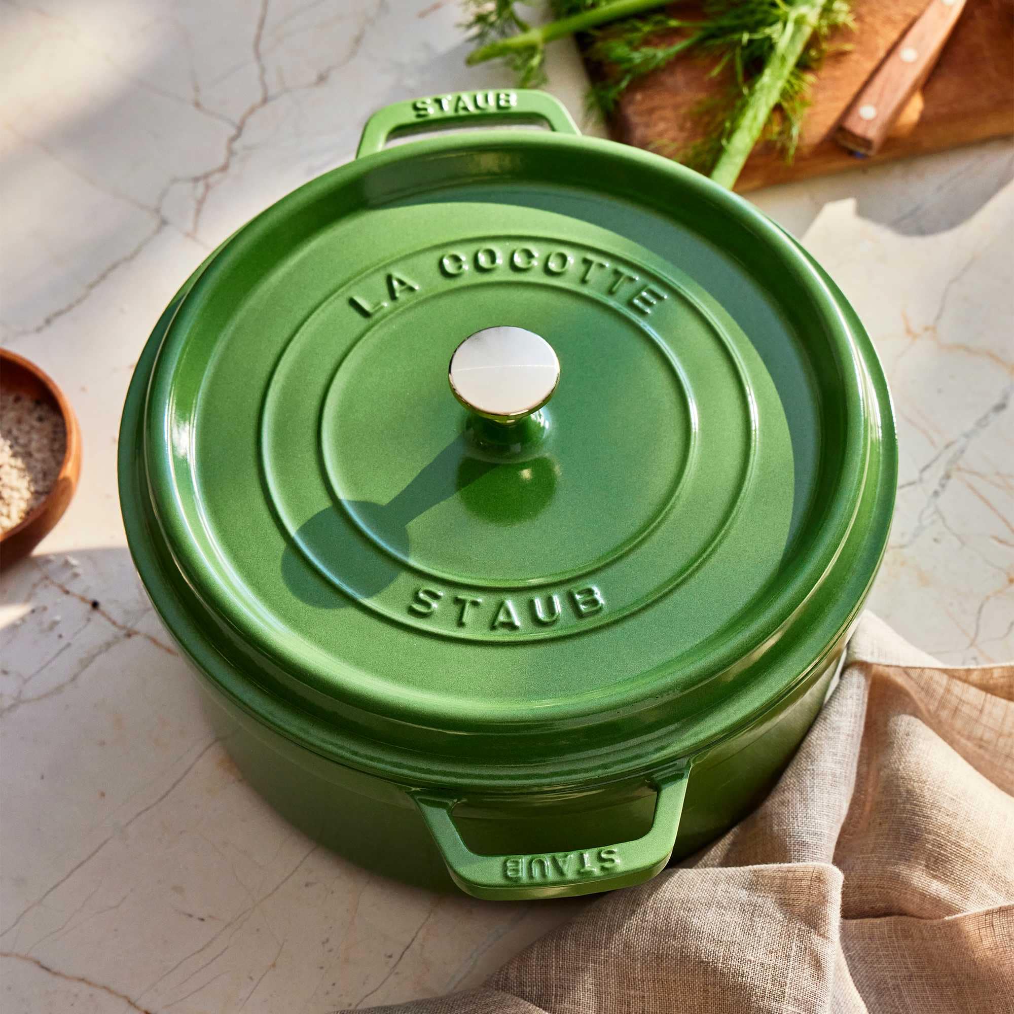 STAUB Cast Iron 5.5qt Round Cocotte Pistachio in the Roaster Ovens