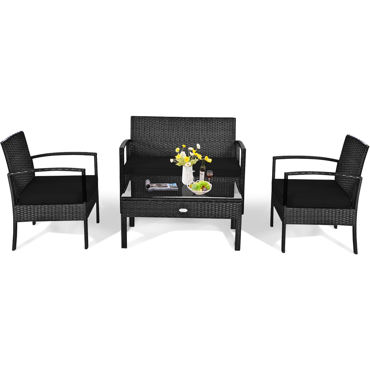 Slickblue 4 Piece Rattan Patio Conversation Set with Black Cushioned ...