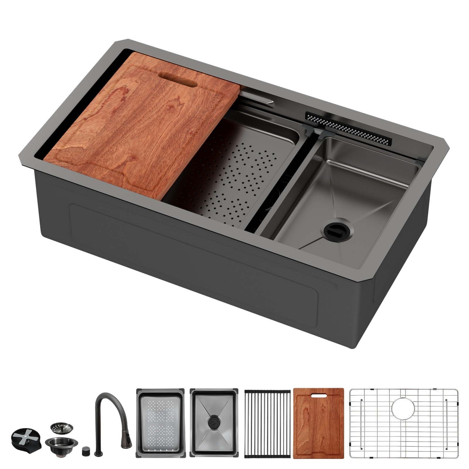 LIVACA 33 inch Gunmetal Black Stainless Steel Undermount Waterfall Kitchen Sink with Pull-Down Faucet and Cup Washer